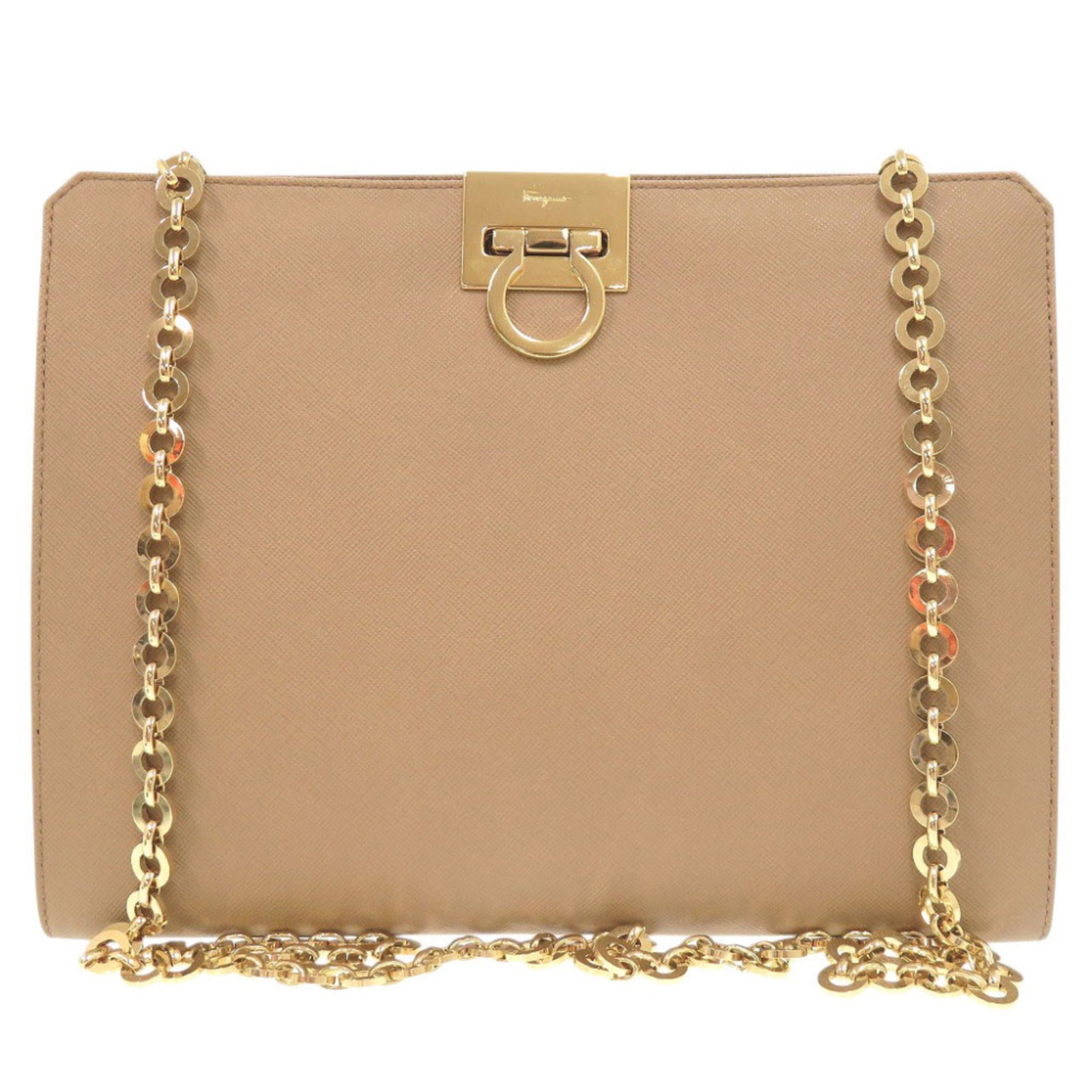 Shoulder bag leather by Salvatore Ferragamo: Shoulder bag leather by Salvatore Ferragamo This exquisite shoulder bag from Salvatore Ferragamo features rich, high-quality leather in a classic beige hue. Made in Italy, the bag's sleek design and