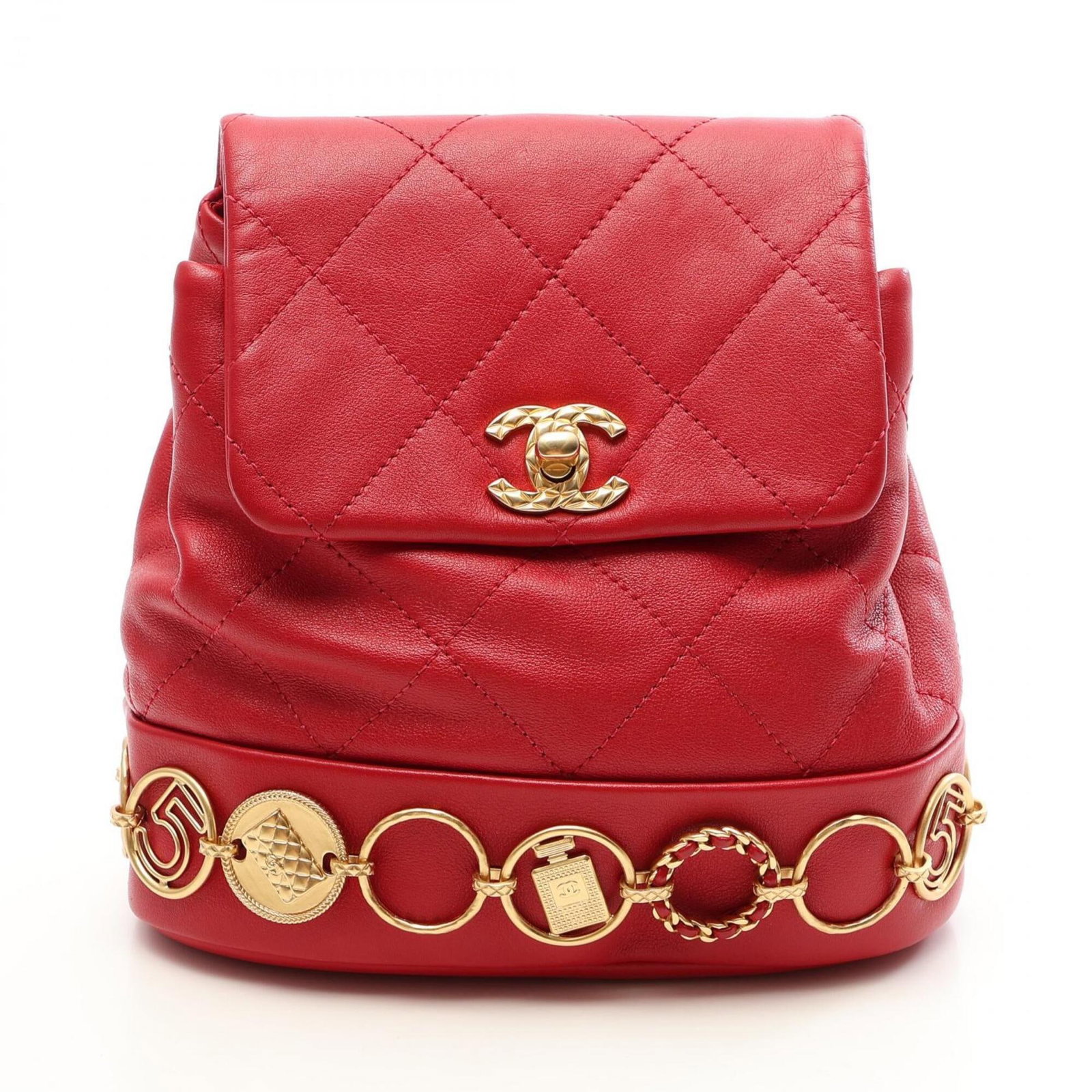 Chanel leather backpack: Chanel leather backpack Chanel's iconic leather backpack boasts a striking red color and gold hardware, making it a stylish addition to any outfit. Measuring 17cm x 18cm x 8.5cm, this lambskin lambski