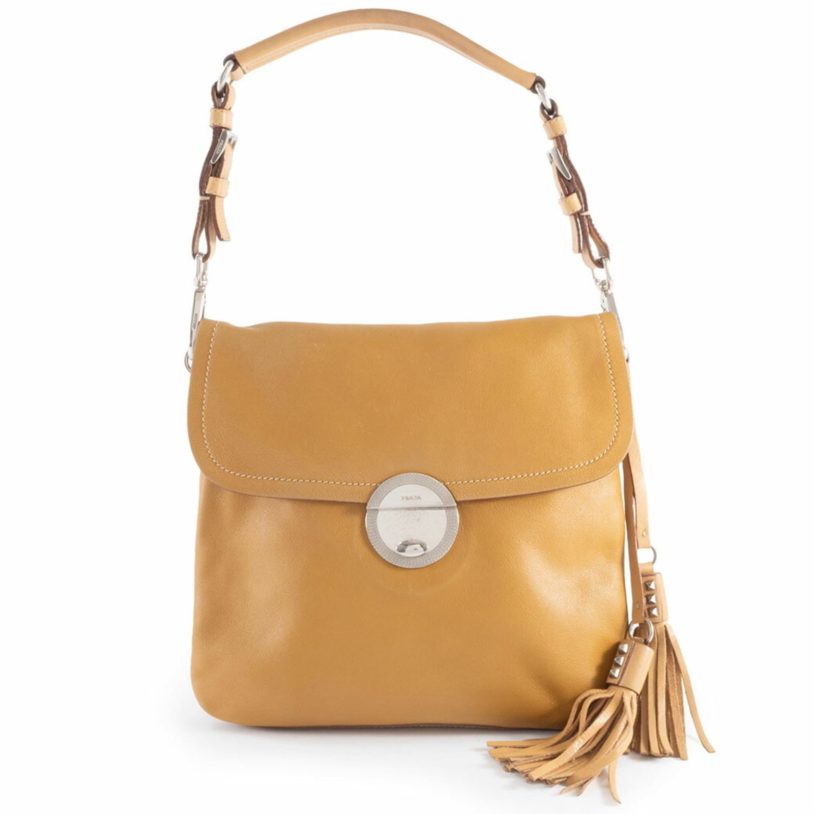 Shoulder Bag Leather by Prada: Shoulder Bag Leather by Prada Camel-colored leather shoulder bag from Prada, featuring a classic design with clean lines and a spacious interior. The bag comes with a dust bag for added protection.
