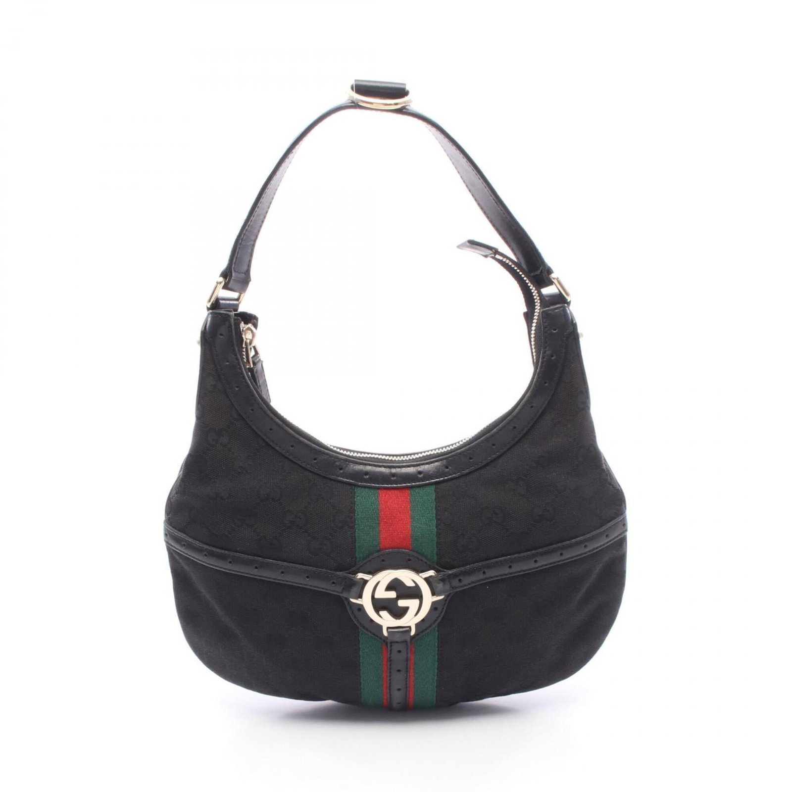 Canvas leather handbag shoulder gucci bag: Canvas leather handbag shoulder gucci bag Canvas leather handbag with shoulder strap, featuring black, green, and red colors. Made from canvas and leather materials, this Gucci MPN 114869 shoulder