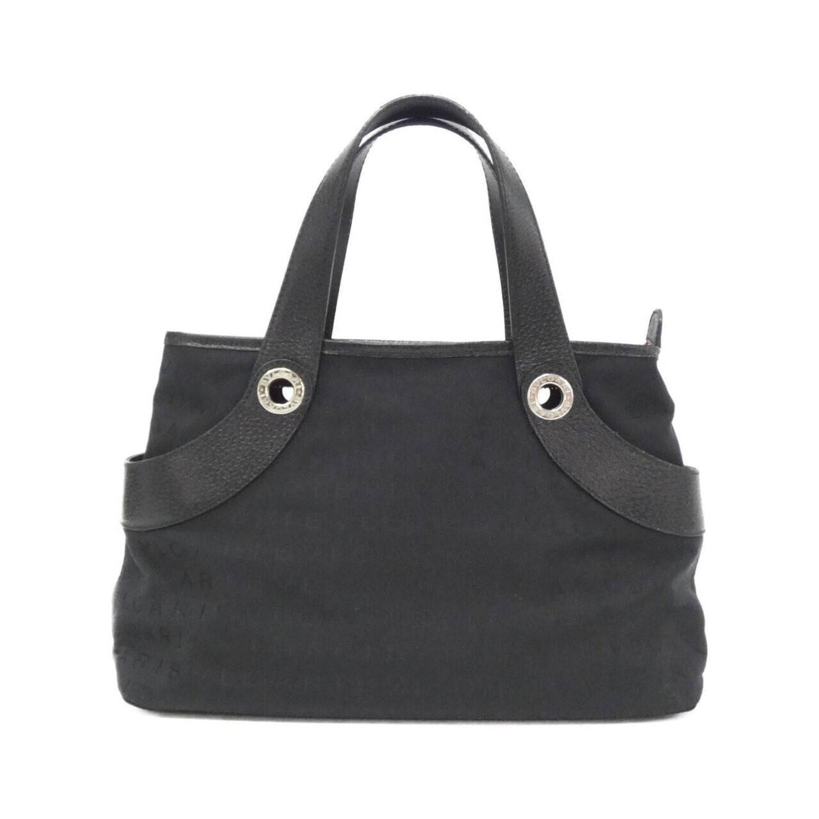 Handbag Canvas by Bvlgari: Handbag Canvas by Bvlgari Bvlgari's Handbag Canvas features a sleek black canvas design, adorned with silver hardware, making it a stylish and sophisticated accessory for women. Measuring 20cm x