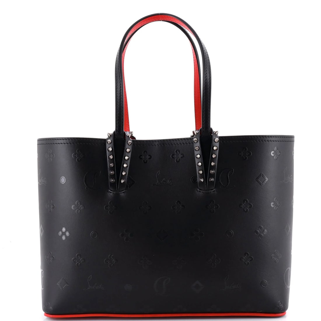 Cabata East West Leather Tote Small Christian Louboutin: Cabata East West Leather Tote Small Christian Louboutin Small Christian Louboutin Cabata East West Leather Tote in Black with Red Interior, featuring scuffed exterior and minor creases, handles with