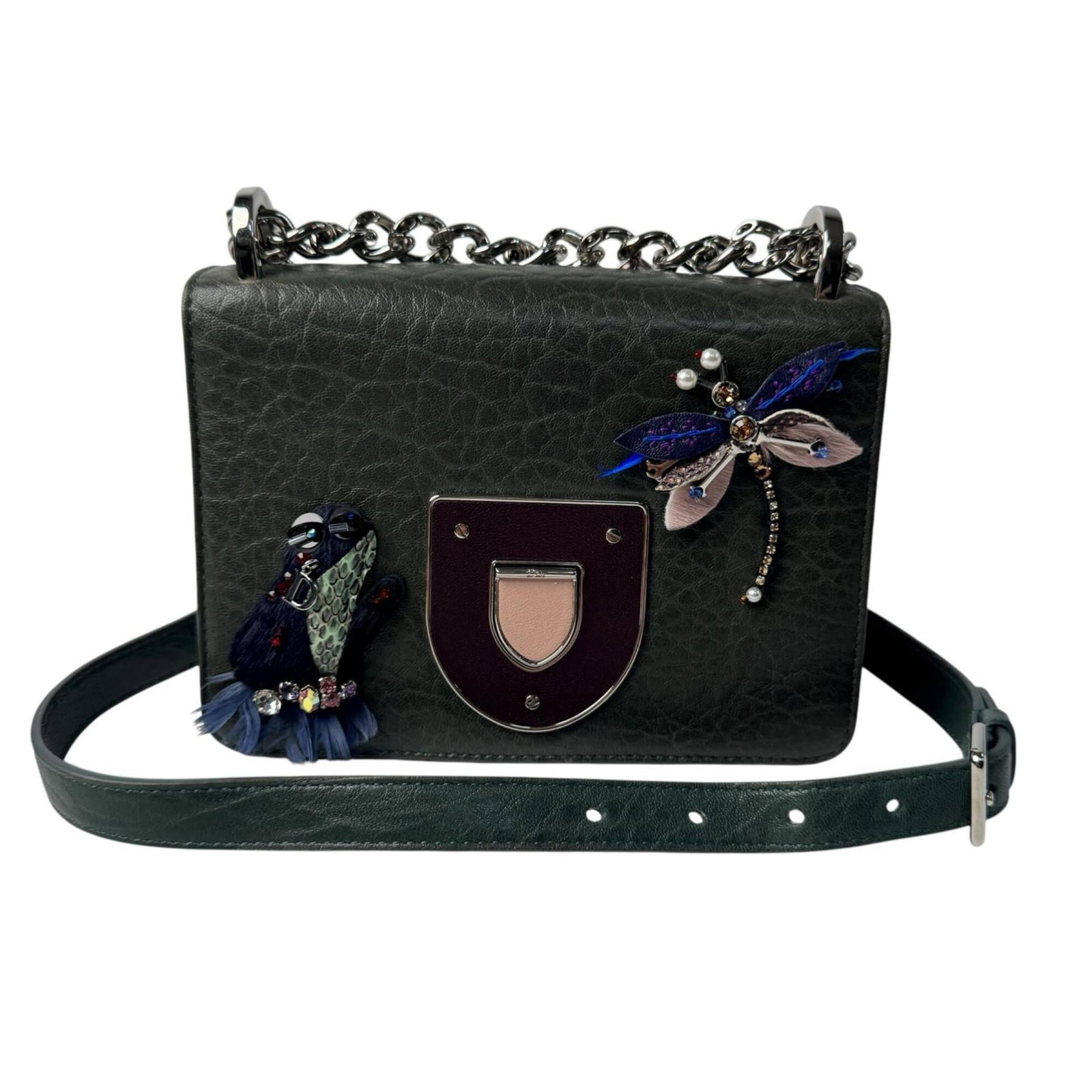Shoulder bag leather by Christian Dior: Shoulder bag leather by Christian Dior Dark green leather shoulder bag by Christian Dior, measuring 13cm x 17.5cm x 8.5cm. This stylish bag features a classic design and premium leather construction.
