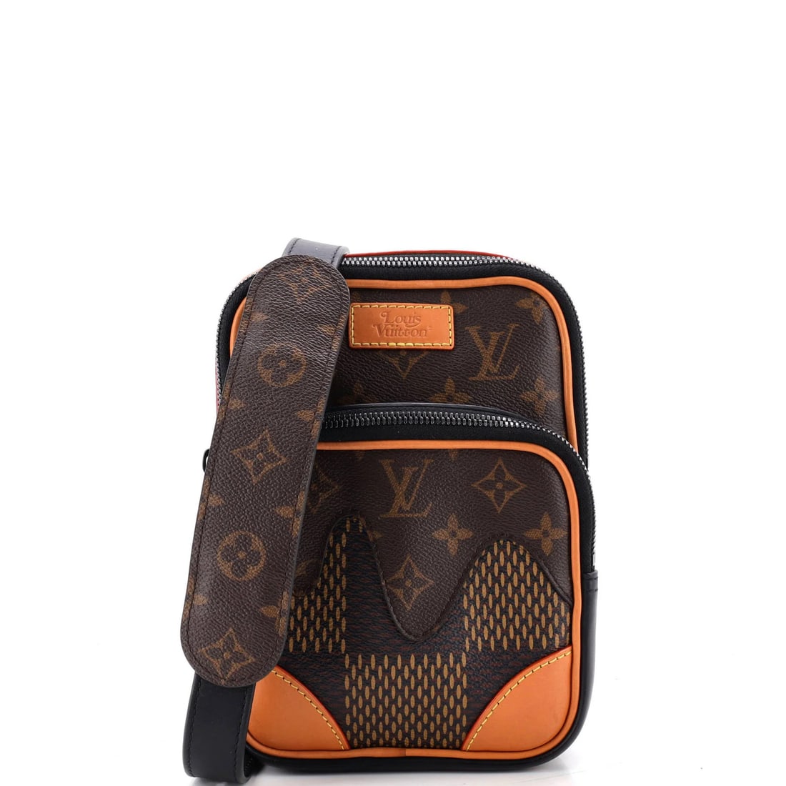 Louis Vuitton Nigo Amazone Sling Bag Limited Edition Giant Damier and Monogram: Louis Vuitton Nigo Amazone Sling Bag Limited Edition Giant Damier and Monogram Brown Louis Vuitton Nigo Amazone Sling Bag with Giant Damier and Monogram Canvas Exterior, featuring minor scuffs and