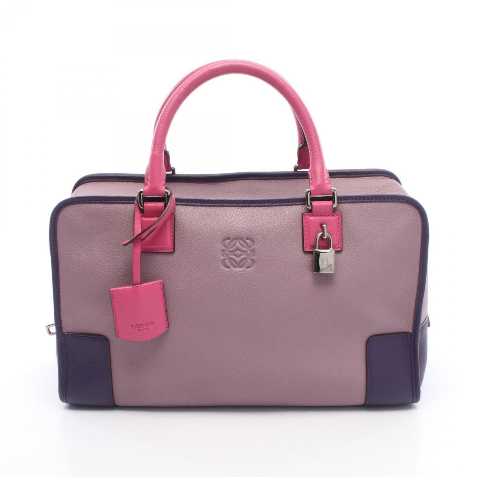 Loewe Handbag Leather: Loewe Handbag Leather This Loewe handbag features high-quality leather in a striking pink and purple color combination. Measuring 21cm x 36cm x 14cm, it offers a compact size perfect for everyday