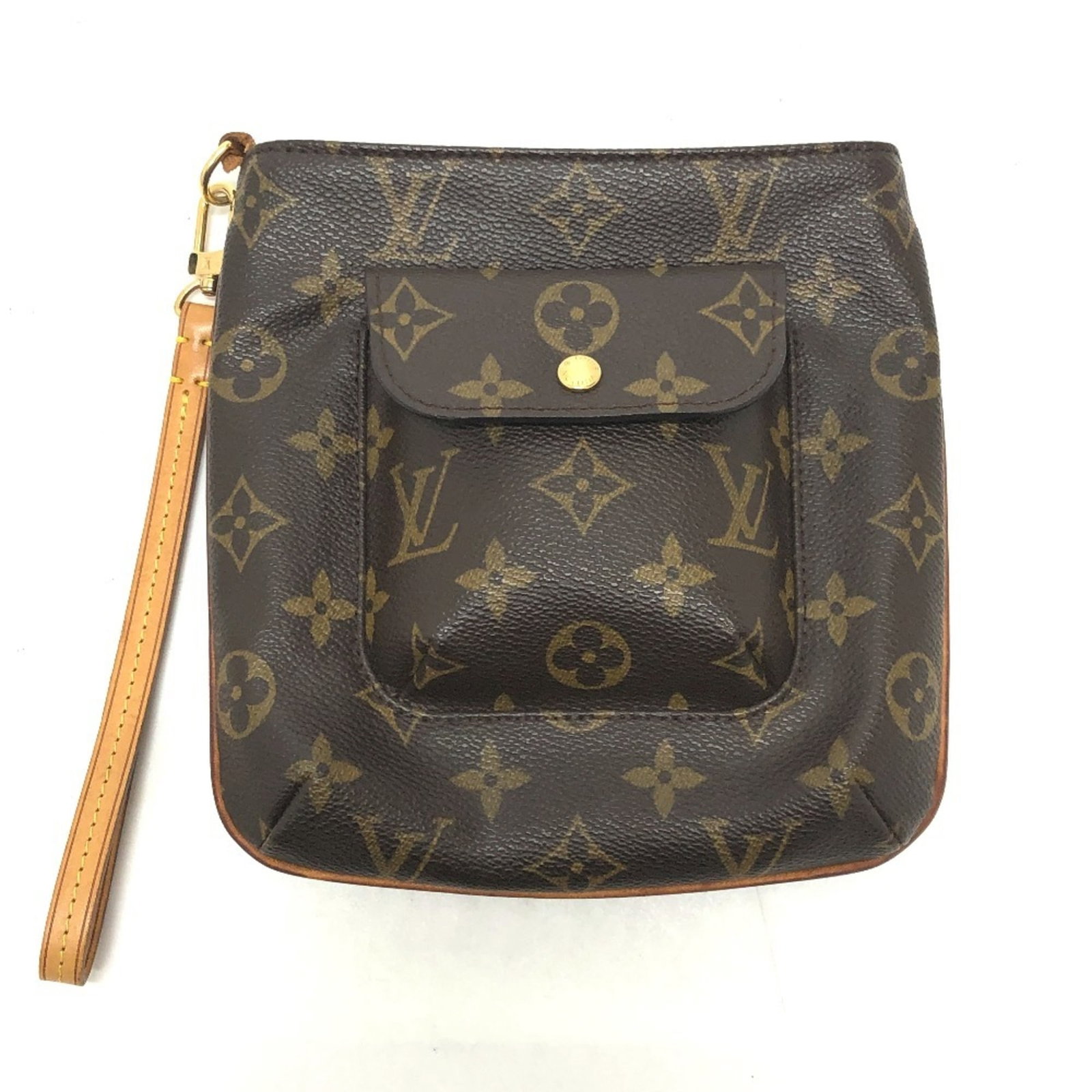 Pochette pouch monogram Louis Vuitton: Pochette pouch monogram Louis Vuitton Monogrammed with iconic Louis Vuitton style, this brown pochette pouch features the signature monogram pattern and a sturdy hand strap for secure carrying.