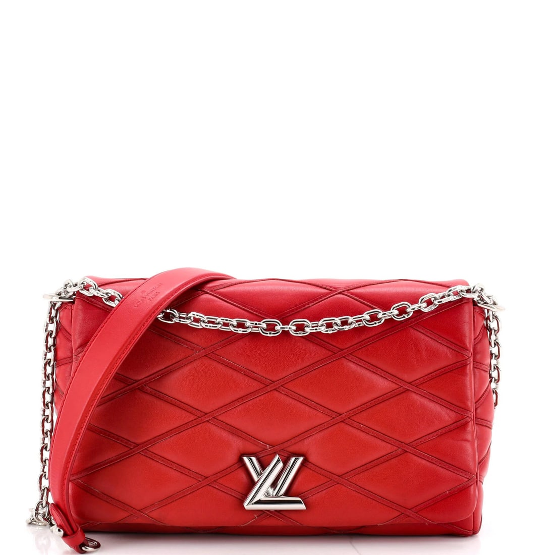 Louis Vuitton GO-14 Handbag Malletage Leather MM: Louis Vuitton GO-14 Handbag Malletage Leather MM Red Louis Vuitton GO-14 Malletage Leather MM shoulder bag with minor scuffs, creases, and corner wear. The exterior features a classic red leather desi