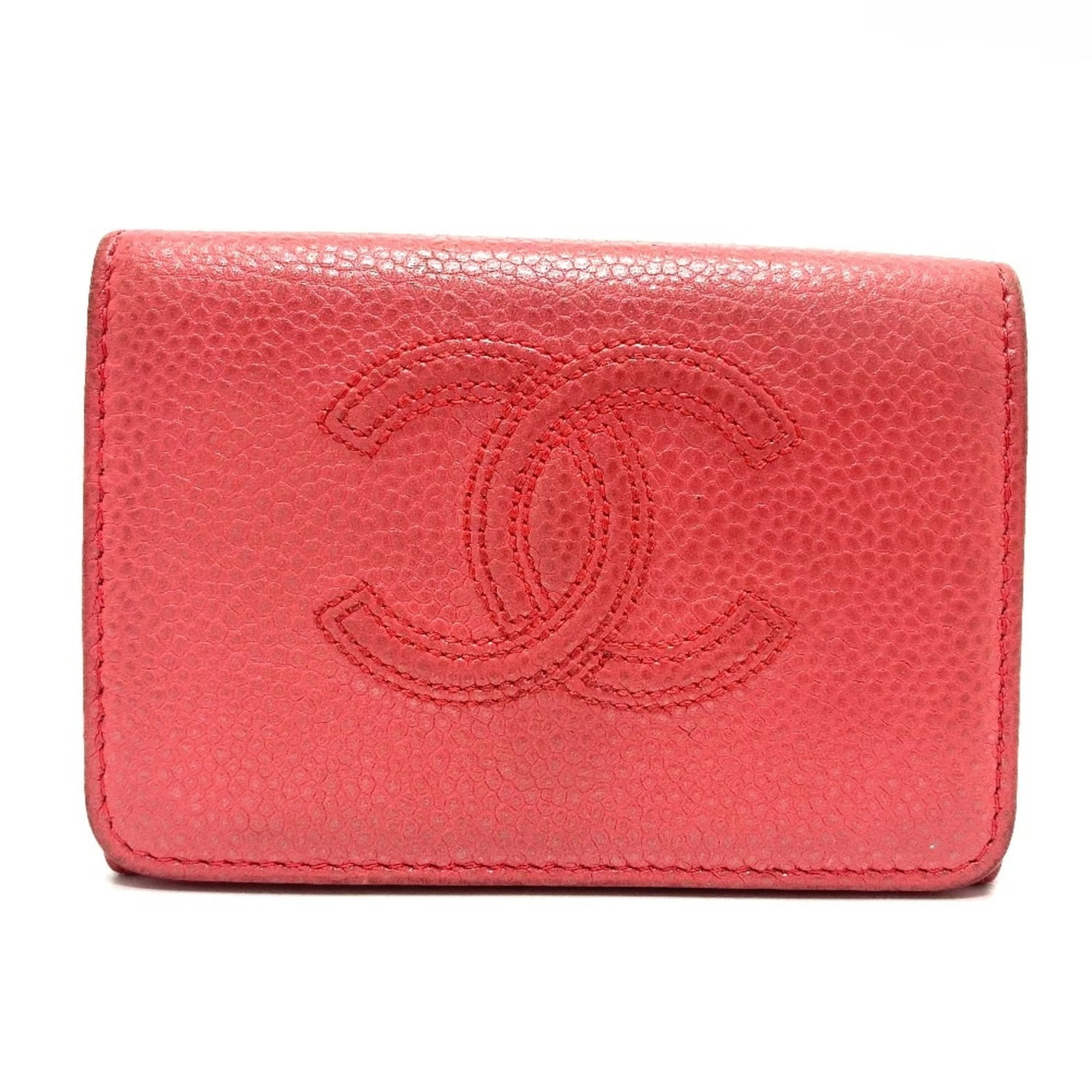 Chanel Wallet (Tri-Fold) Leather: Chanel Wallet (Tri-Fold) Leather Pink Chanel tri-fold leather wallet with precise measurements and serial number for verification. This iconic design showcases the brand's signature craftsmanship,