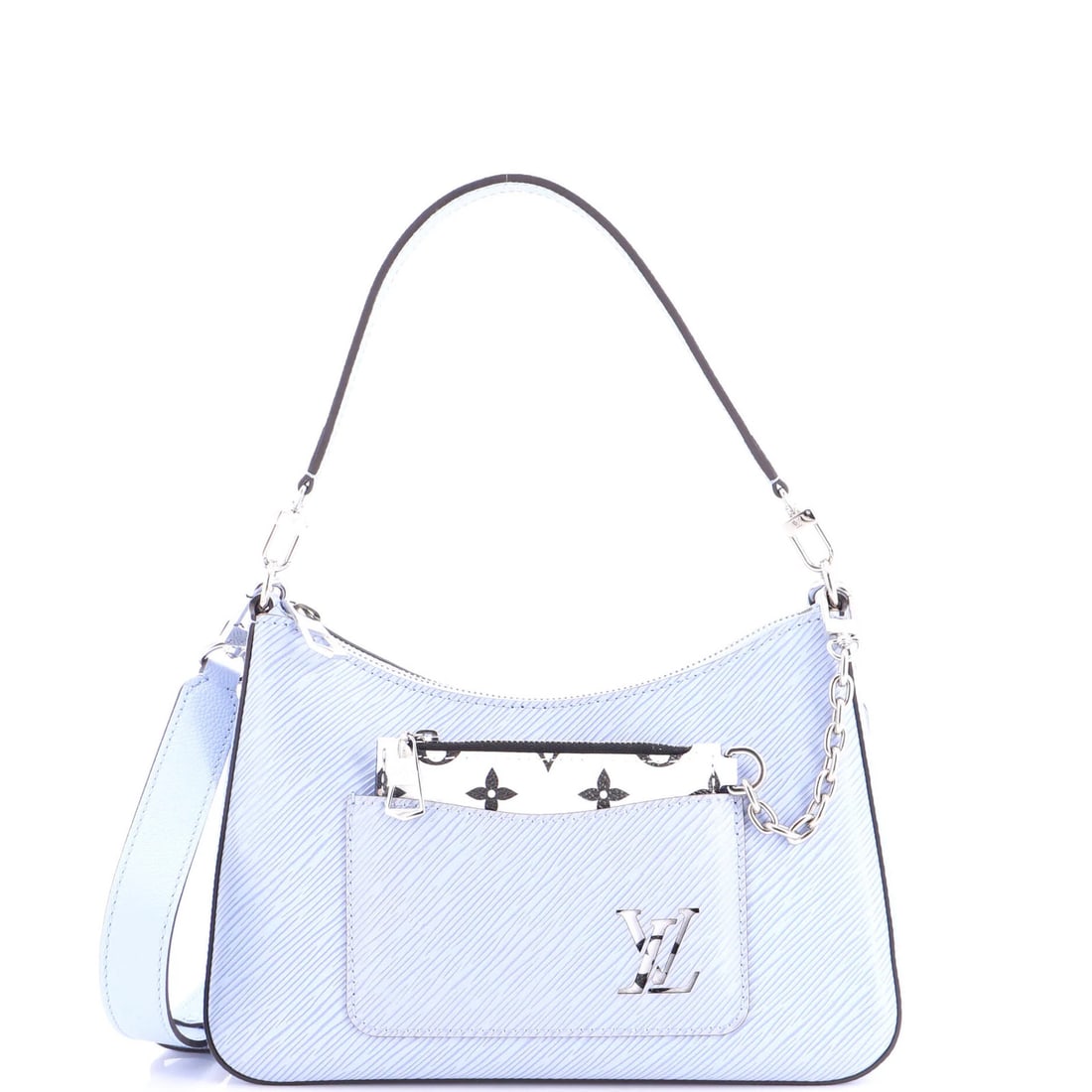 Epi Leather Handbag Louis Vuitton Marelle: Epi Leather Handbag Louis Vuitton Marelle The Epi Leather Louis Vuitton Marelle handbag boasts a stunning blue exterior, complemented by neutral microfiber interior and silver hardware. This stylish h