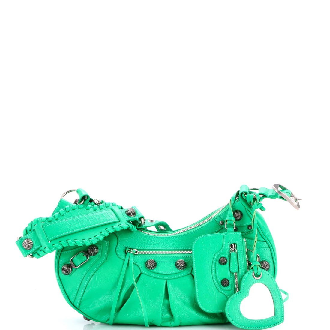 Balenciaga Le Cagole Giant Studs Shoulder Bag Leather Small: Balenciaga Le Cagole Giant Studs Shoulder Bag Leather Small Small Balenciaga Le Cagole Giant Studs Shoulder Bag in green leather features giant studs and measures 6.5" tall, 12" wide, and 3" deep, wit