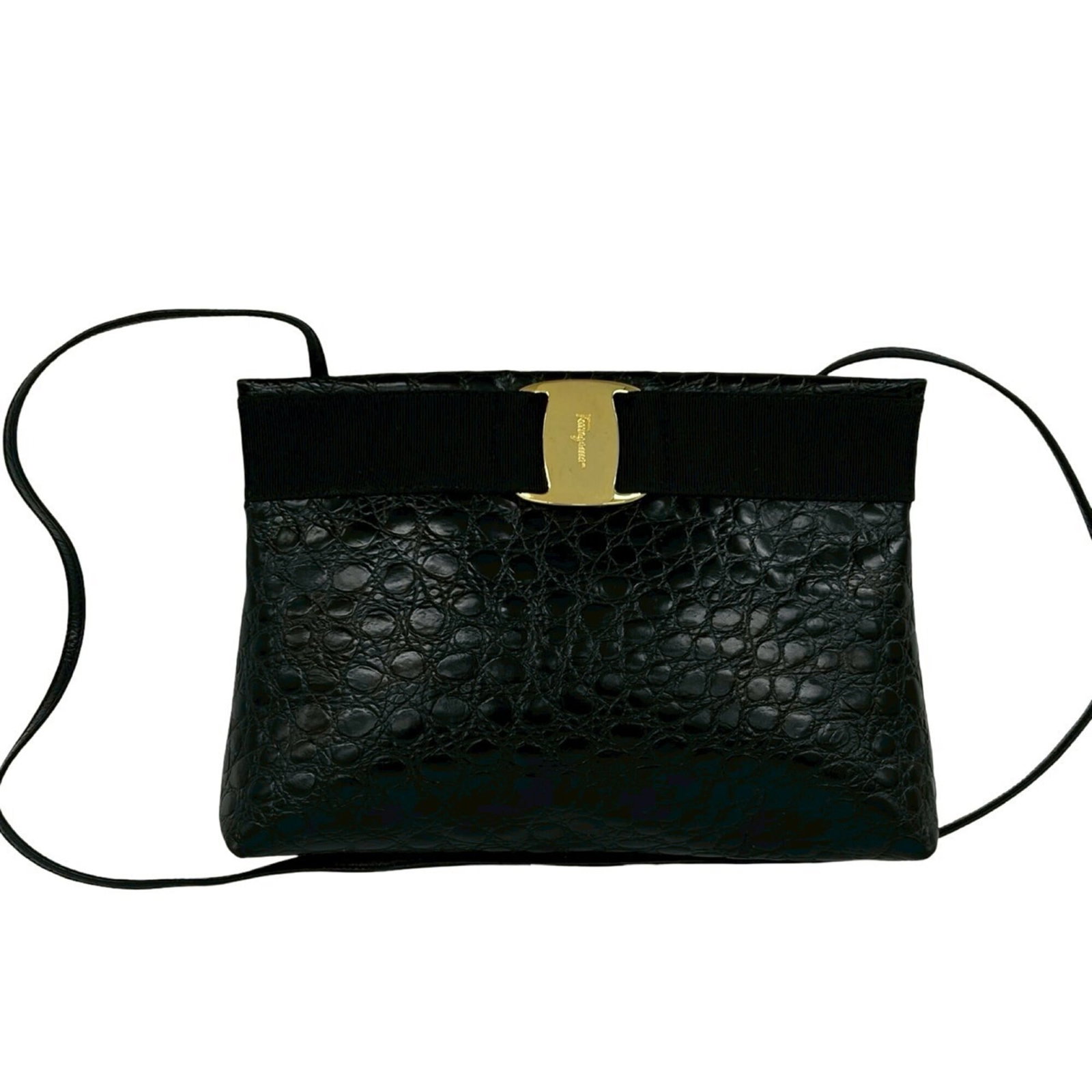 Shoulder bag leather by Salvatore Ferragamo: Shoulder bag leather by Salvatore Ferragamo This black leather shoulder bag from Salvatore Ferragamo features a sleek design with precise measurements, measuring 18cm x 27cm x 6.5cm. Made from