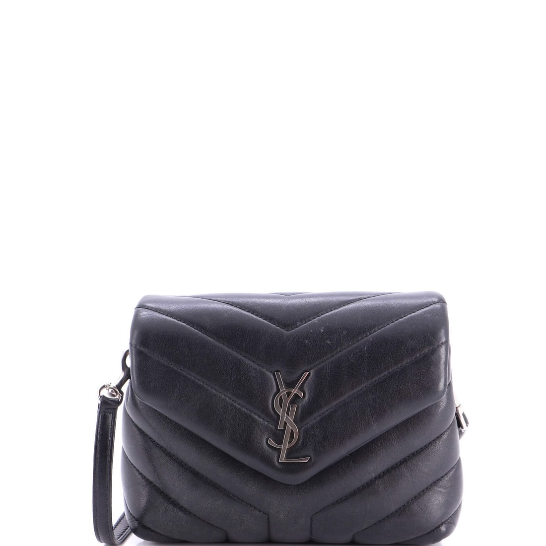 Loulou shoulder bag leather toy matelasse chevron saint laurent: Loulou shoulder bag leather toy matelasse chevron saint laurent Black leather Loulou shoulder bag with matelasse chevron design, featuring silver hardware and a sturdy strap drop. Measuring 12" in