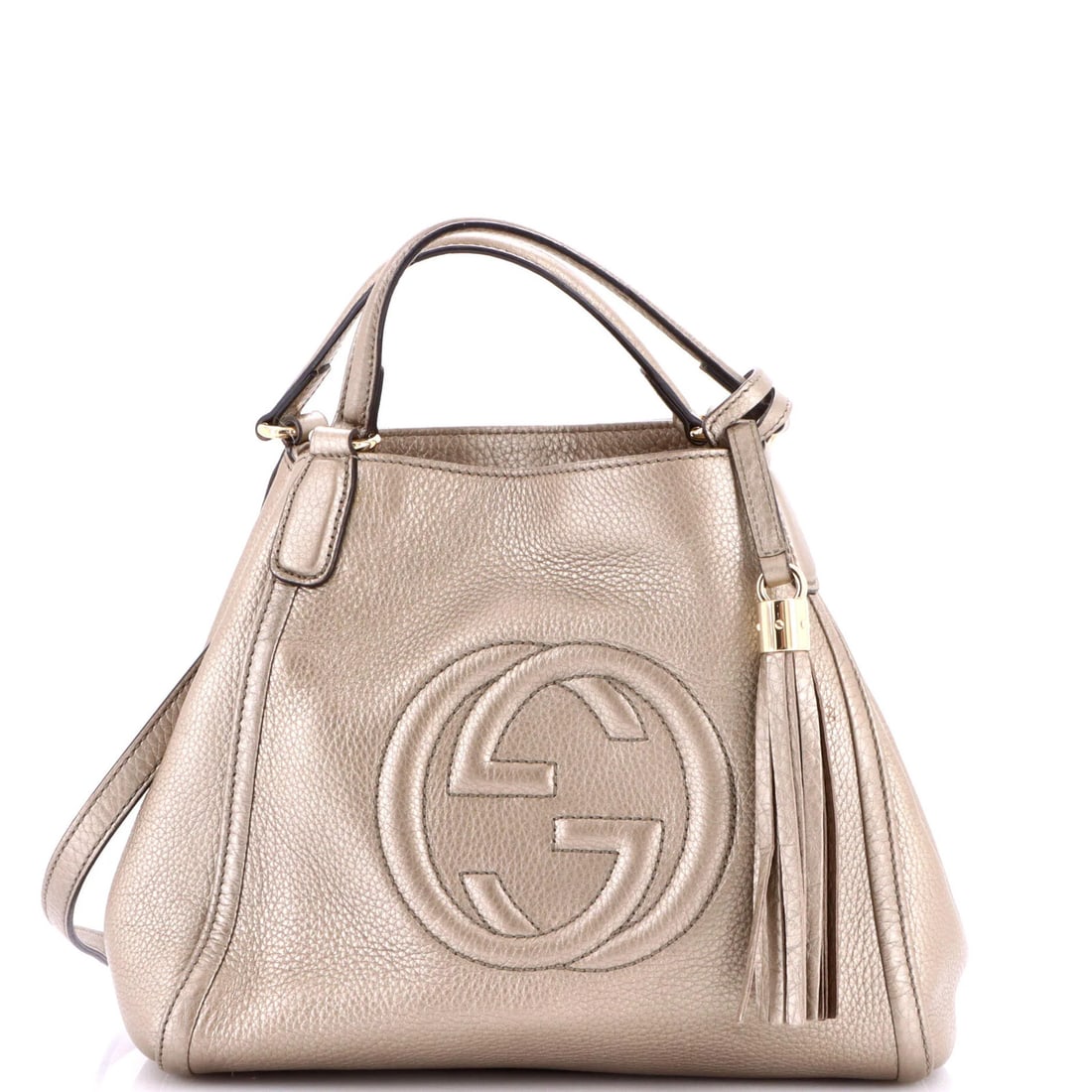 Small Leather Convertible Bag Soho Gucci: Small Leather Convertible Bag Soho Gucci This Gucci Soho Convertible Shoulder Bag features metallic leather exterior with gold tone hardware, showcasing a sleek and sophisticated design. The bag's con