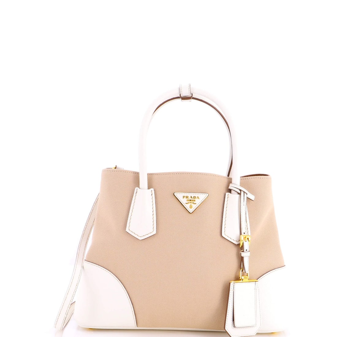 Prada Cuir Double Tote Canvas and Saffiano Leather Medium: Prada Cuir Double Tote Canvas and Saffiano Leather Medium Prada Cuir Double Tote Canvas and Saffiano Leather Medium - A versatile medium-sized tote with neutral exterior color, featuring both canvas