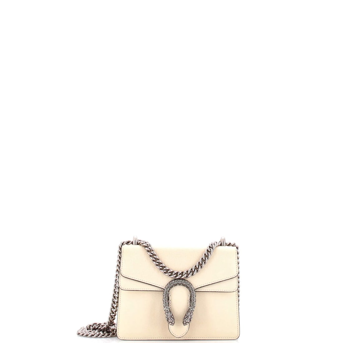 Mini leather bag Dionysus Gucci: Mini leather bag Dionysus Gucci Mini Dionysus Gucci leather bag with crystal details, featuring neutral exterior and interior colors. The bag measures 6" tall, 8" wide, and 2" deep, with a 24" strap d