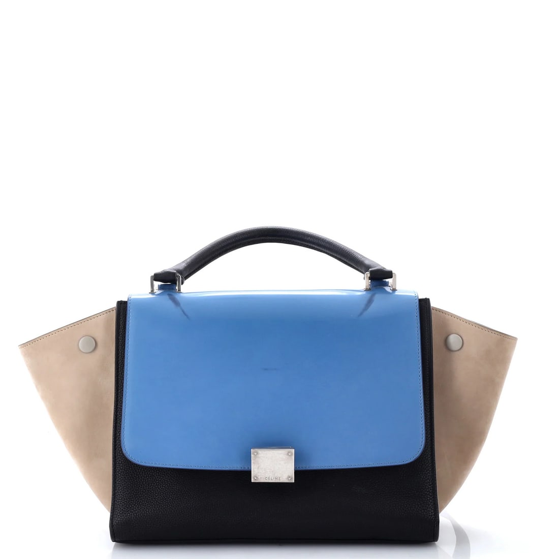 Celine Tricolor Trapeze Bag Leather Small: Celine Tricolor Trapeze Bag Leather Small Small Celine Tricolor Trapeze Bag in Blue Leather. This stylish bag features top handle, blue leather exterior with black interior and silver hardware. Measur