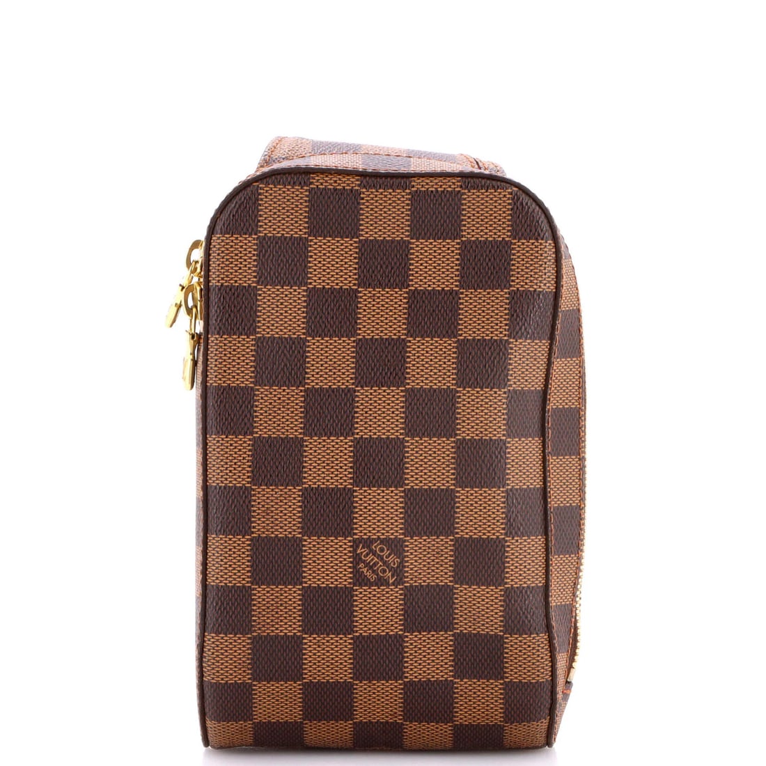 Damier waist bag by Louis Vuitton: Damier waist bag by Louis Vuitton The Louis Vuitton Damier waist bag boasts a rich, brown canvas exterior with distinctive Geronimo pattern, complemented by gold hardware and sturdy leather straps.