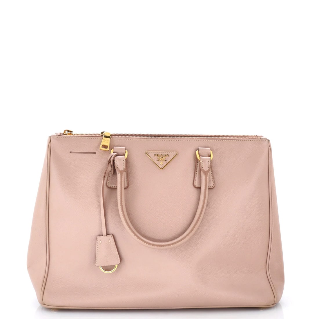 Lux Tote Saffiano Leather Large Double Prada: Lux Tote Saffiano Leather Large Double Prada Lux Tote Saffiano Leather Large Double Zip Prada features a neutral exterior, gold hardware, and interior with fabric lining. The spacious large size