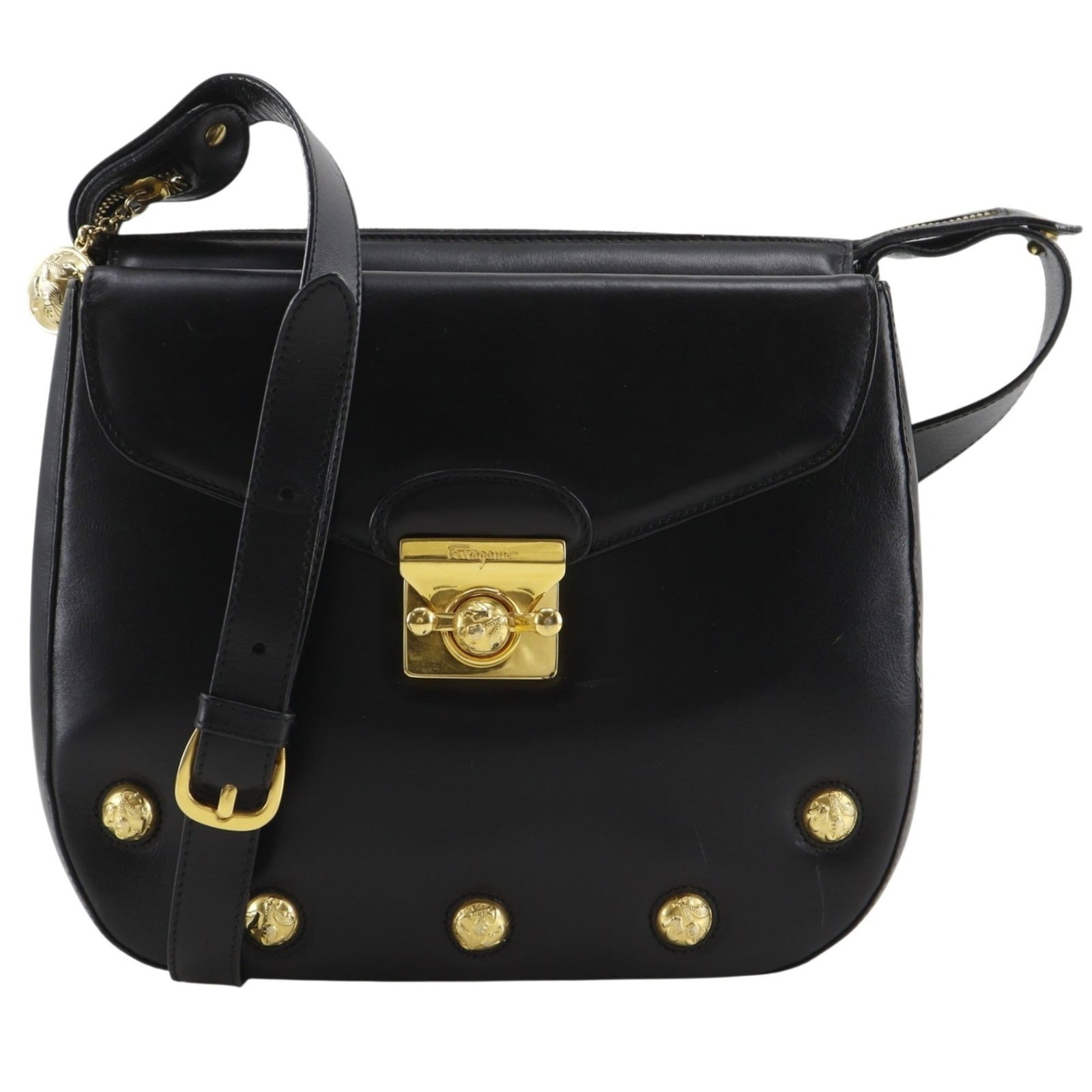 Shoulder bag leather by Salvatore Ferragamo: Shoulder bag leather by Salvatore Ferragamo Black calfskin shoulder bag by Salvatore Ferragamo, measuring 22cm x 25cm x 9cm. This leather bag features high-quality materials and a classic design.