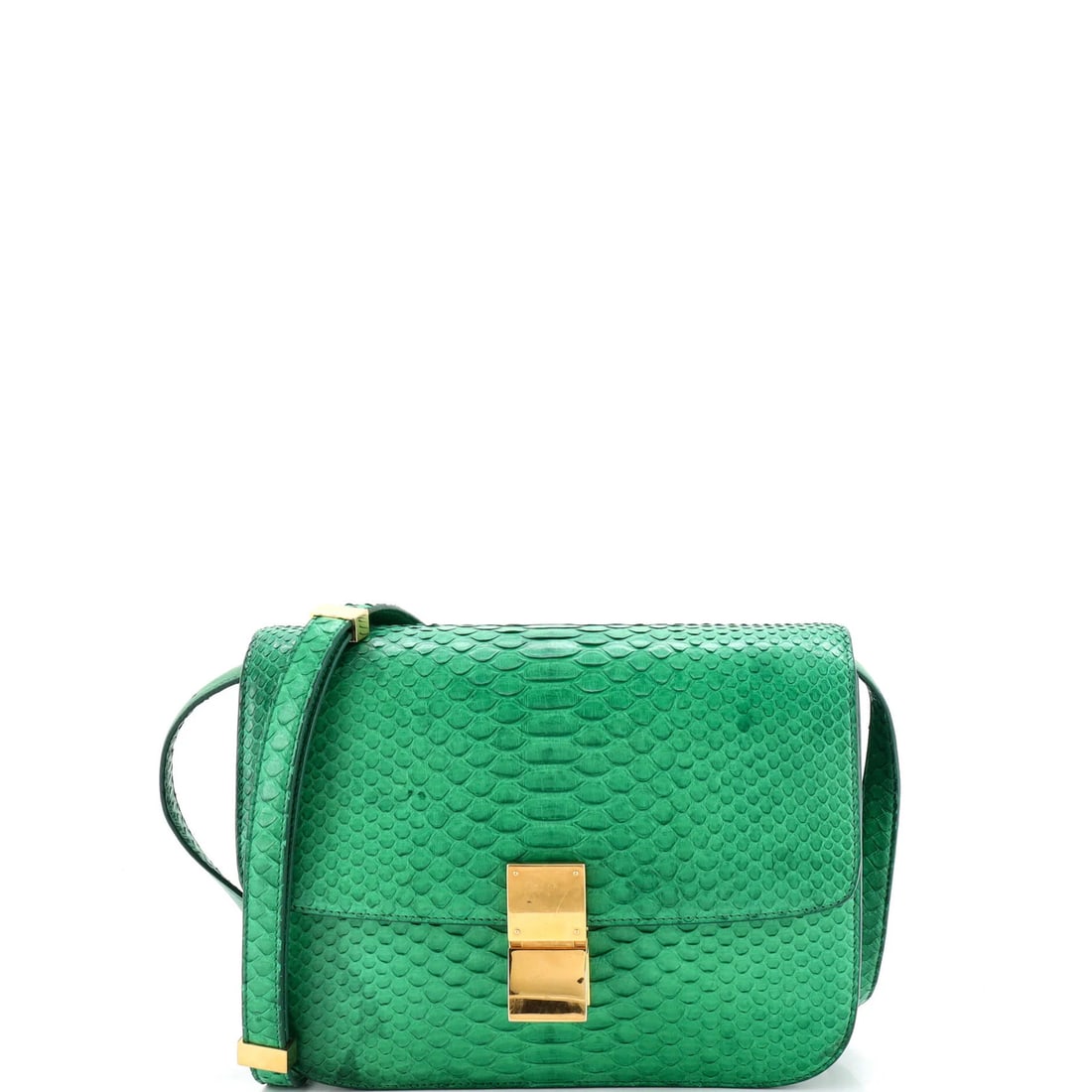 Box Python Small Celine Classic: Box Python Small Celine Classic The Celine Classic Box Python Small features a striking green exterior made from high-quality python material, with gold hardware adding a touch of luxury. This small c