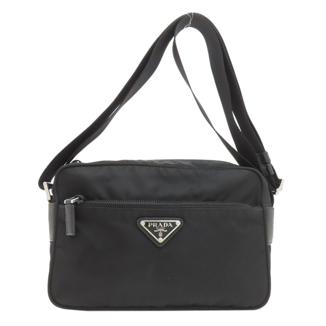 Nylon shoulder bag with Prada hardware logo: Nylon shoulder bag with Prada hardware logo Black nylon shoulder bag with Prada hardware logo. Made from high-quality nylon, this stylish bag features a sleek design and durable construction. The Prad