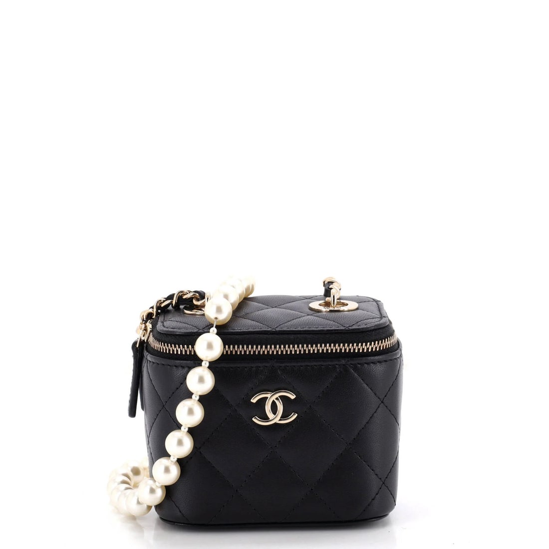 Chanel Vanity Case with Pearl Chain Quilted Lambskin Mini: Chanel Vanity Case with Pearl Chain Quilted Lambskin Mini Black faux pearl leather quilted lambskin mini Chanel vanity case with gold tone hardware, featuring a classic design and elegant details.