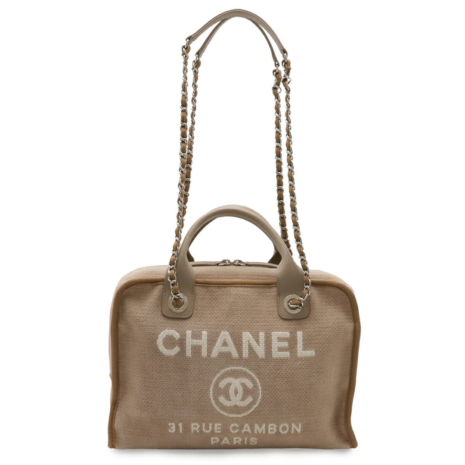 Canvas leather shoulder bag handbag Chanel: Canvas leather shoulder bag handbag Chanel Canvas leather shoulder bag from Chanel, featuring a classic design with a beige, brown, and grayish color palette. This stylish handbag measures 22.5cm x 32