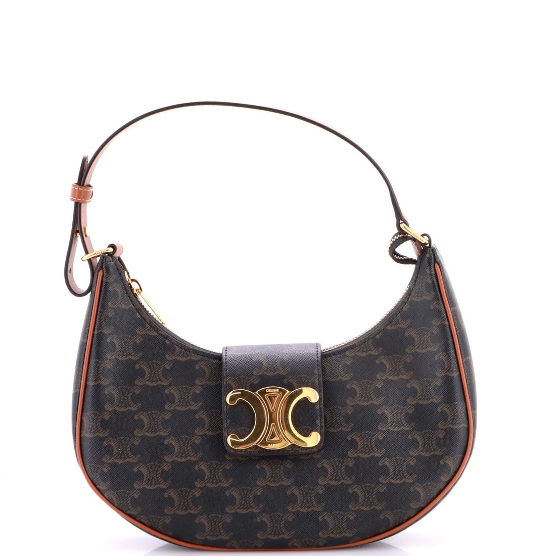 Celine Ava Triomphe Bag Triomphe Coated Canvas: Celine Ava Triomphe Bag Triomphe Coated Canvas The Celine Ava Triomphe Bag in Brown features a stylish triomphe coated canvas exterior with gold hardware, adding a touch of sophistication to any