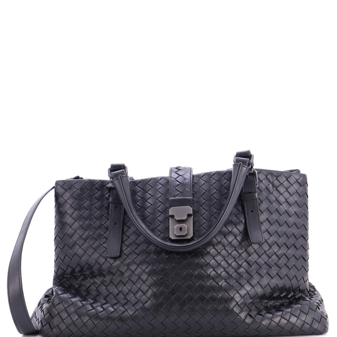 Veneta Roma Nappa Intrecciato Bottega Medium Bag: Veneta Roma Nappa Intrecciato Bottega Medium Bag Bottega Veneta's Roma Bag Intrecciato Nappa Medium is a timeless tote characterized by its sleek black exterior and neutral suede interior. The bag fea