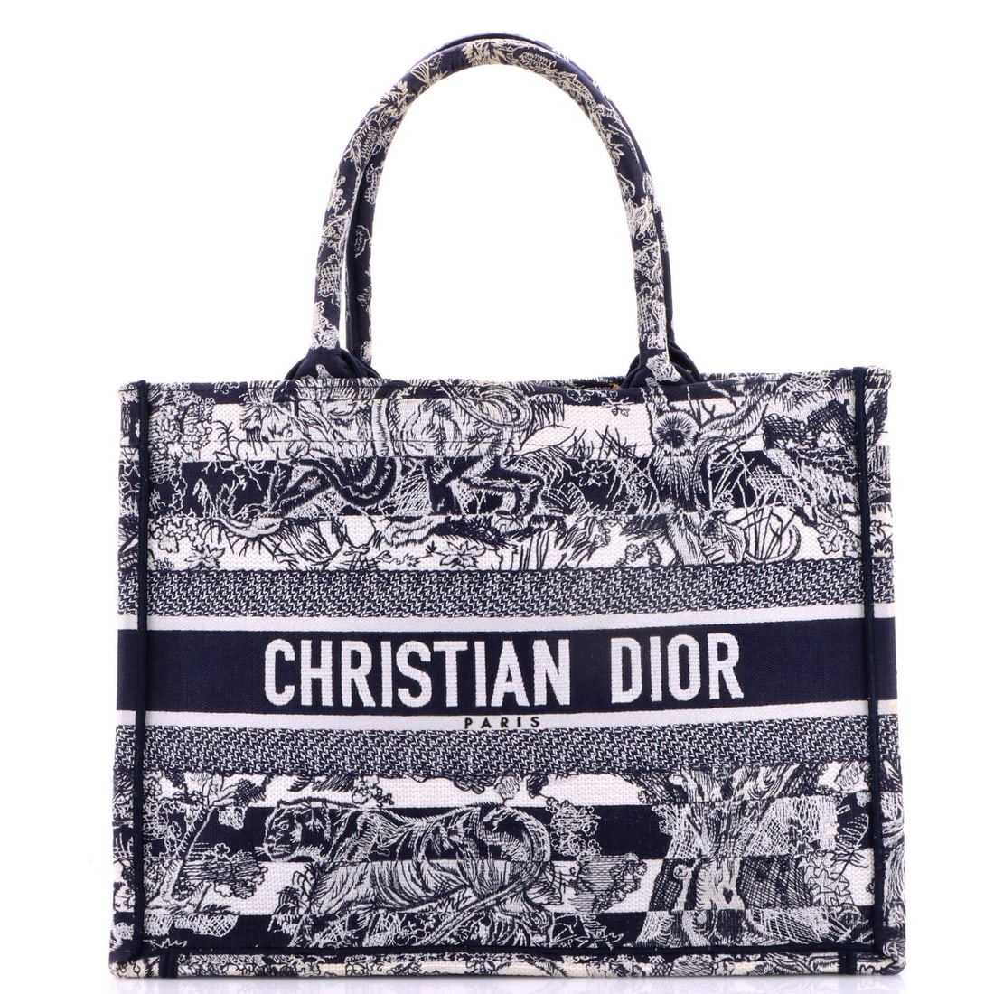 Christian Dior Embroidered Canvas Book Tote Medium: Christian Dior Embroidered Canvas Book Tote Medium This Christian Dior Embroidered Canvas Book Tote Medium features a striking blue canvas exterior with embroidered details, measuring 10" high and 14"