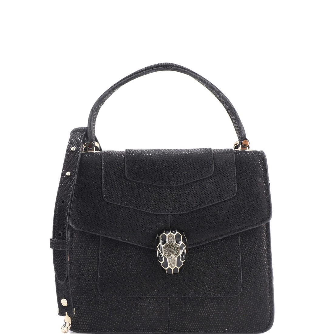 Serpenti Forever Bvlgari Small Top Handle Karung Bag: Serpenti Forever Bvlgari Small Top Handle Karung Bag Serpenti Forever Bvlgari Small Top Handle Karung Bag features exotic snakeskin exterior, gold tone hardware, and black interior. This small top