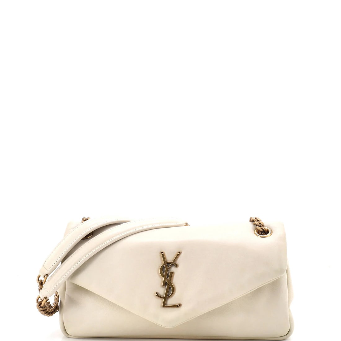 Laurent Saint Medium Calypso Flap Leather Bag: Laurent Saint Medium Calypso Flap Leather Bag The Saint Laurent Medium Calypso Flap Leather Bag boasts a neutral exterior with subtle discoloration, minor scuffs, and creases. Its medium size