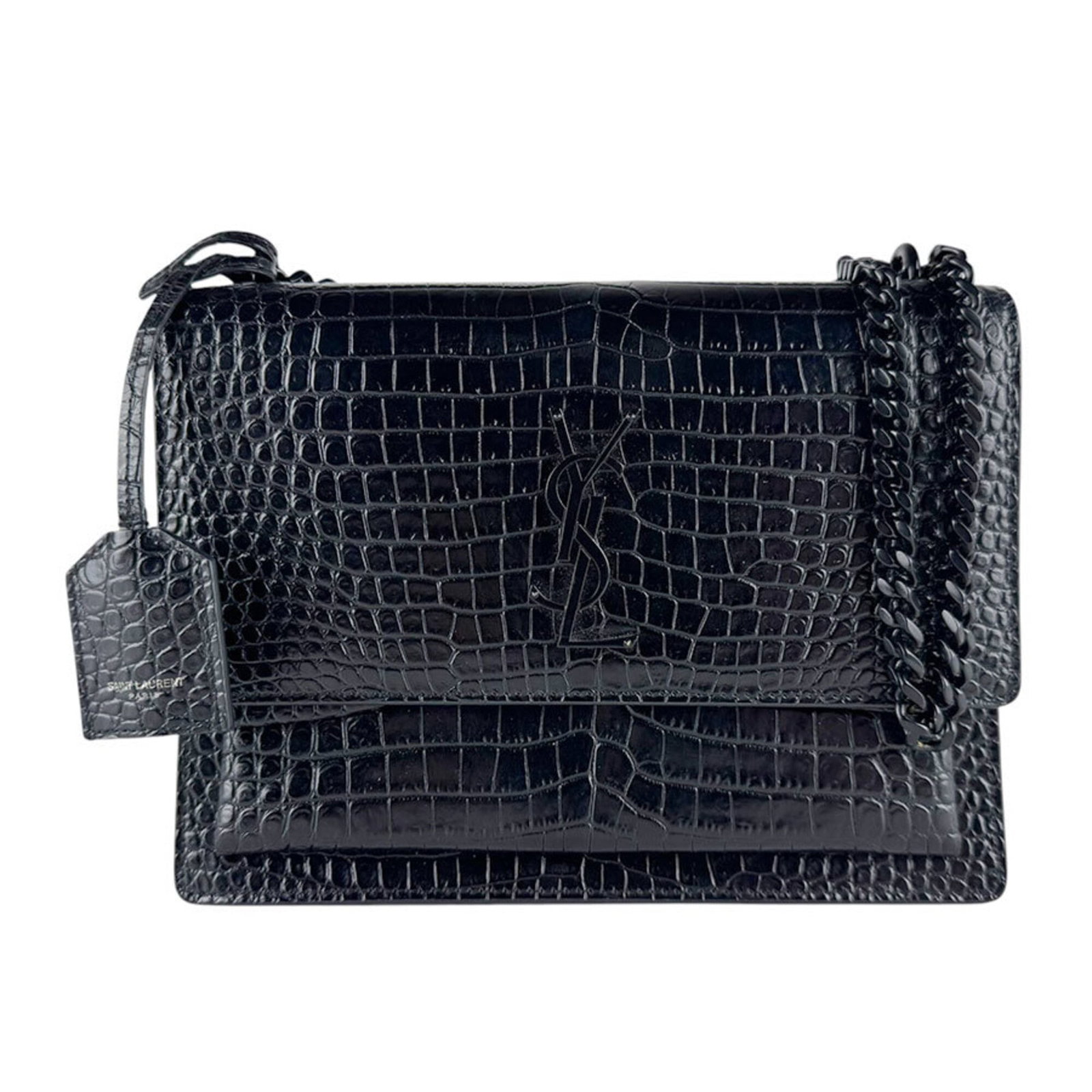 Saint Laurent Shoulder Bag Leather: Saint Laurent Shoulder Bag Leather Black embossed leather shoulder bag from Saint Laurent, measuring 16cm x 22cm x 7cm. Made from high-quality leather, this stylish bag features a sleek design and
