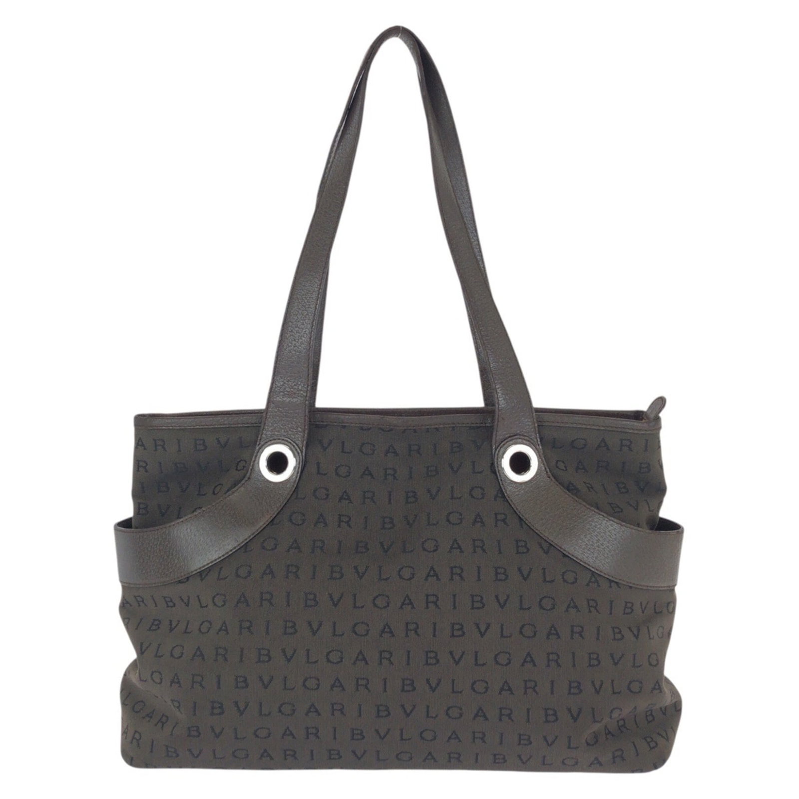 Bag Canvas Leather Shoulder Tote Bvlgari: Bag Canvas Leather Shoulder Tote Bvlgari Canvas and leather combine in this dark brown shoulder tote from Bvlgari, measuring 23cm x 35cm x 15cm. The Italian design showcases a classic style with