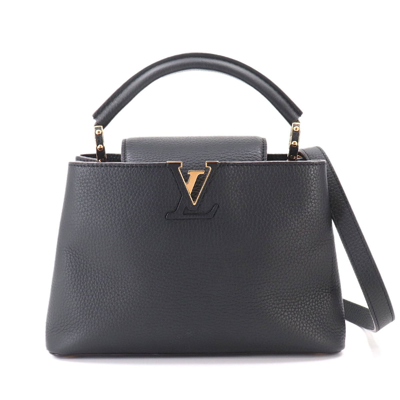 Louis Vuitton Handbag Leather: Louis Vuitton Handbag Leather Taurillon leather handbag in sleek black, adorned with gold hardware and featuring a spacious zipper pocket for added convenience. Measuring 17.5cm x 27cm x 9cm, this sty