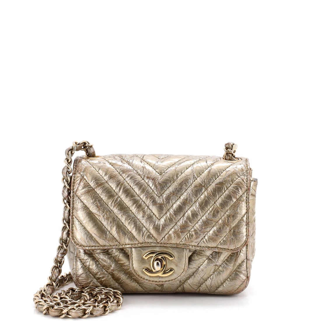 Chevron Metallic Patent Bag Single Flap Classic Mini Crumpled Chanel Square: Chevron Metallic Patent Bag Single Flap Classic Mini Crumpled Chanel Square Patent leather exterior in gold adds a touch of luxury to this mini cross body bag. The crumpled design and single flap
