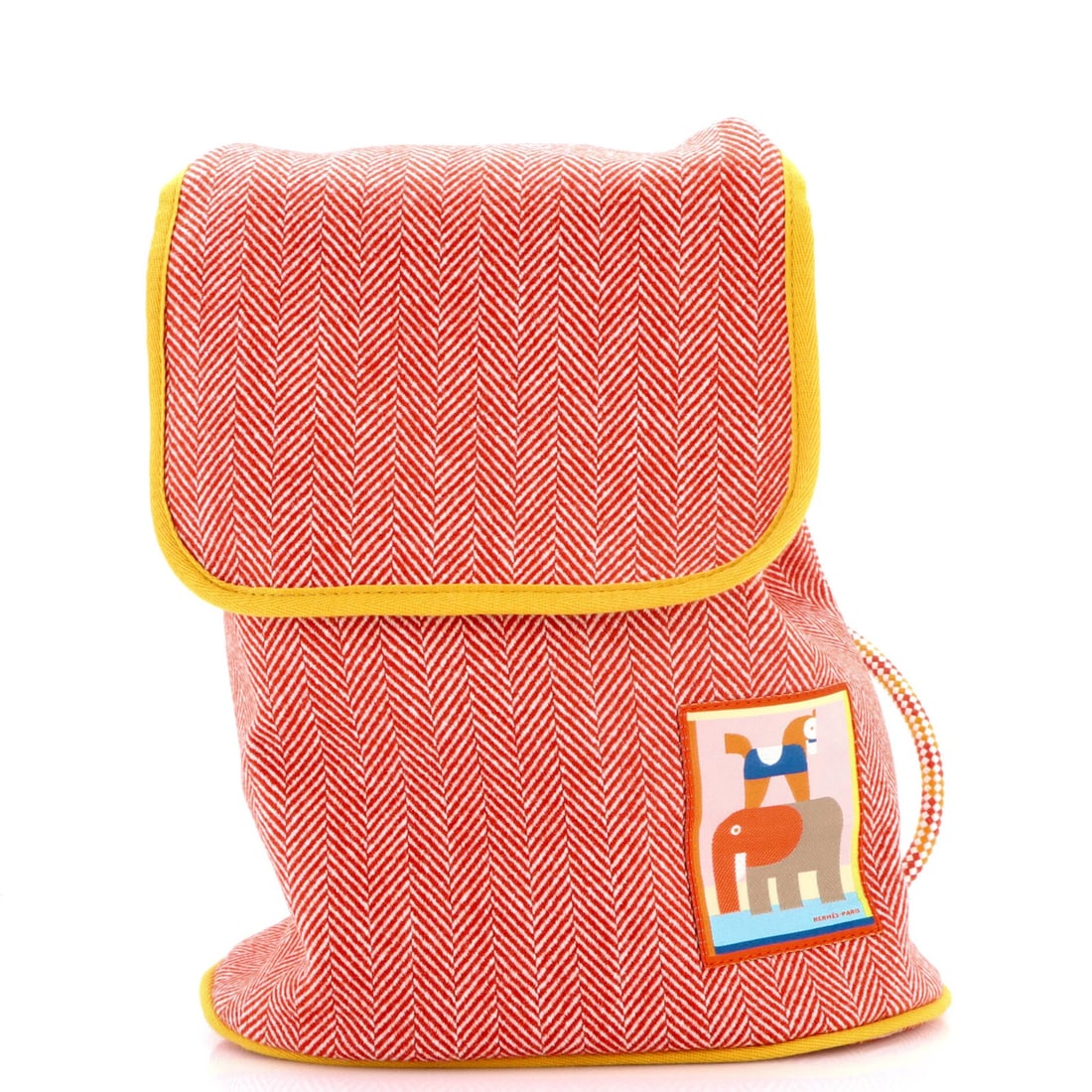 Les Cabanes Hermes Toile Backpack Embroidered: Les Cabanes Hermes Toile Backpack Embroidered Red Les Cabanes Backpack Embroidered Toile features a vibrant orange, red, and yellow wool exterior with embroidered design. Minor scuffs and creases are 