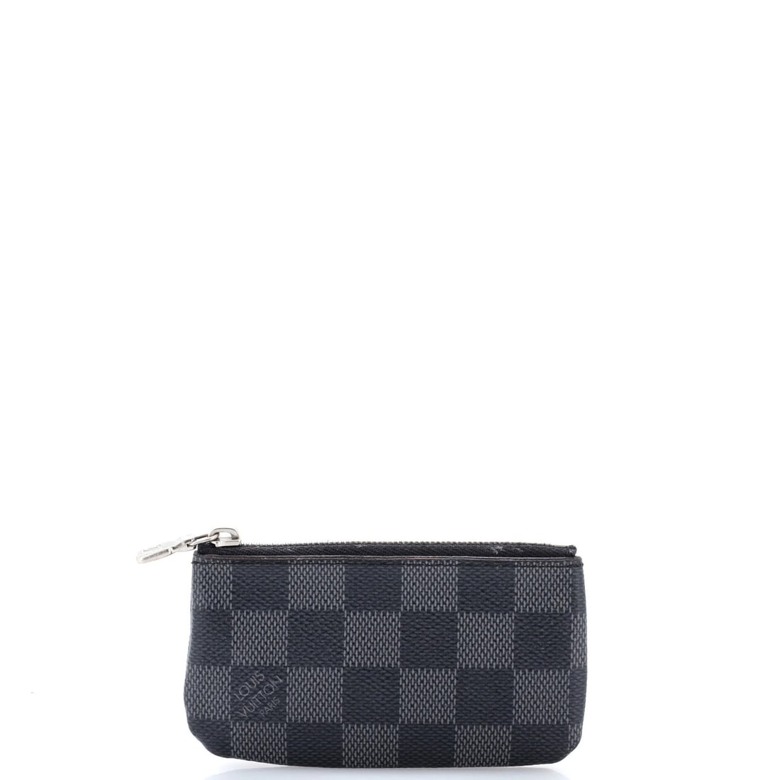Graphite Damier Key Pouch Louis Vuitton: Graphite Damier Key Pouch Louis Vuitton Black Damier Graphite canvas coated key pouch from Louis Vuitton, featuring a classic design with minor scuffs and creasing on the exterior. The interior is