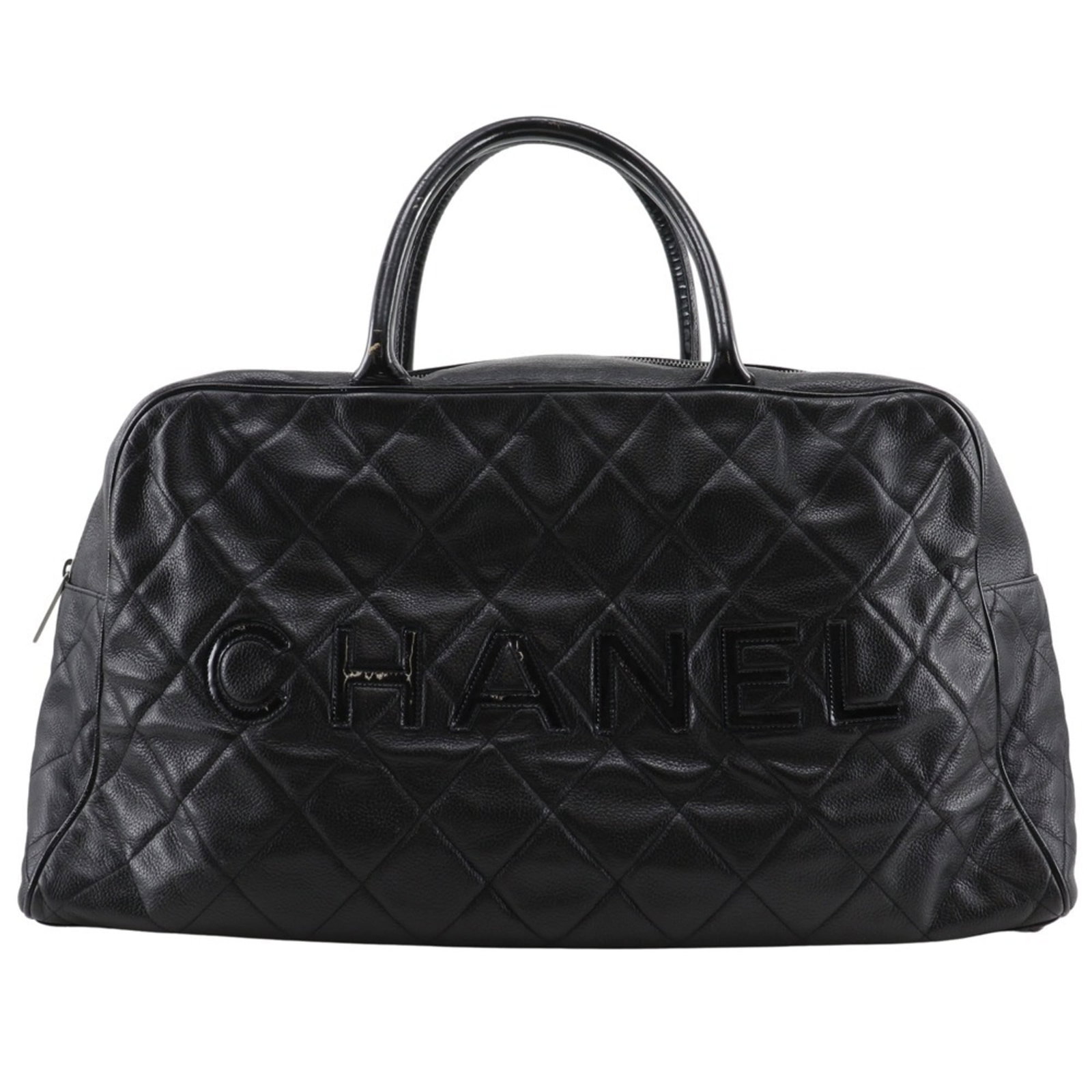 Boston bag leather by Chanel: Boston bag leather by Chanel Boston bag by Chanel, crafted from rich black leather and featuring an enamel finish. This timeless design boasts a sleek silhouette with a classic 25cm x 47cm x 15cm size