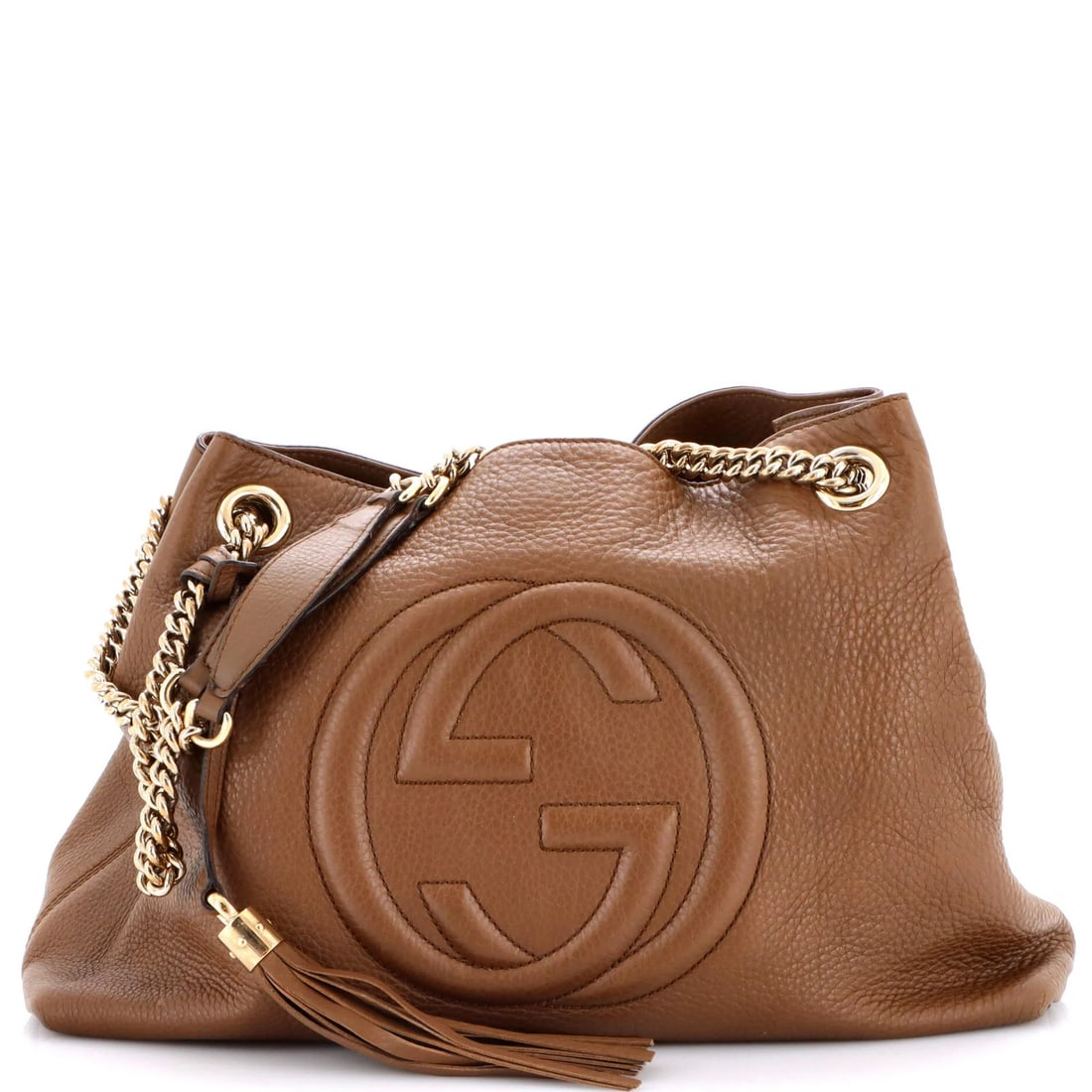 Chain strap leather shoulder bag soho gucci medium: Chain strap leather shoulder bag soho gucci medium Chain strap leather shoulder bag with classic Gucci design, featuring brown exterior and neutral interior. Measuring 10.5" tall, 14" wide, and 5" dee