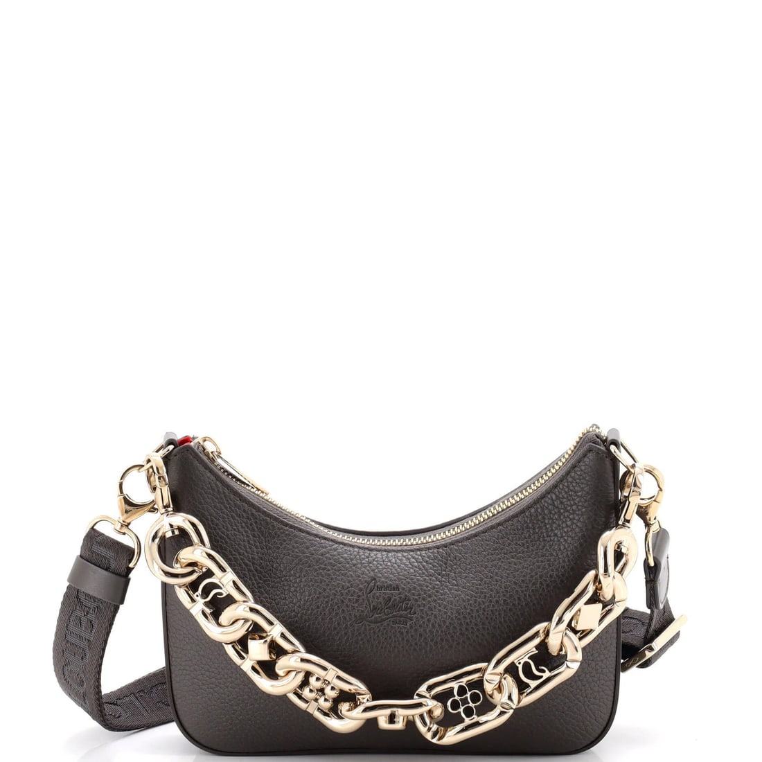 Louboutin Leather Mini Christian Louboutin Chain Shoulder Bag: Louboutin Leather Mini Christian Louboutin Chain Shoulder Bag Black leather mini shoulder bag with gold tone hardware, featuring a signature chain strap. The Loubila Chain Shoulder Bag measures 5" in