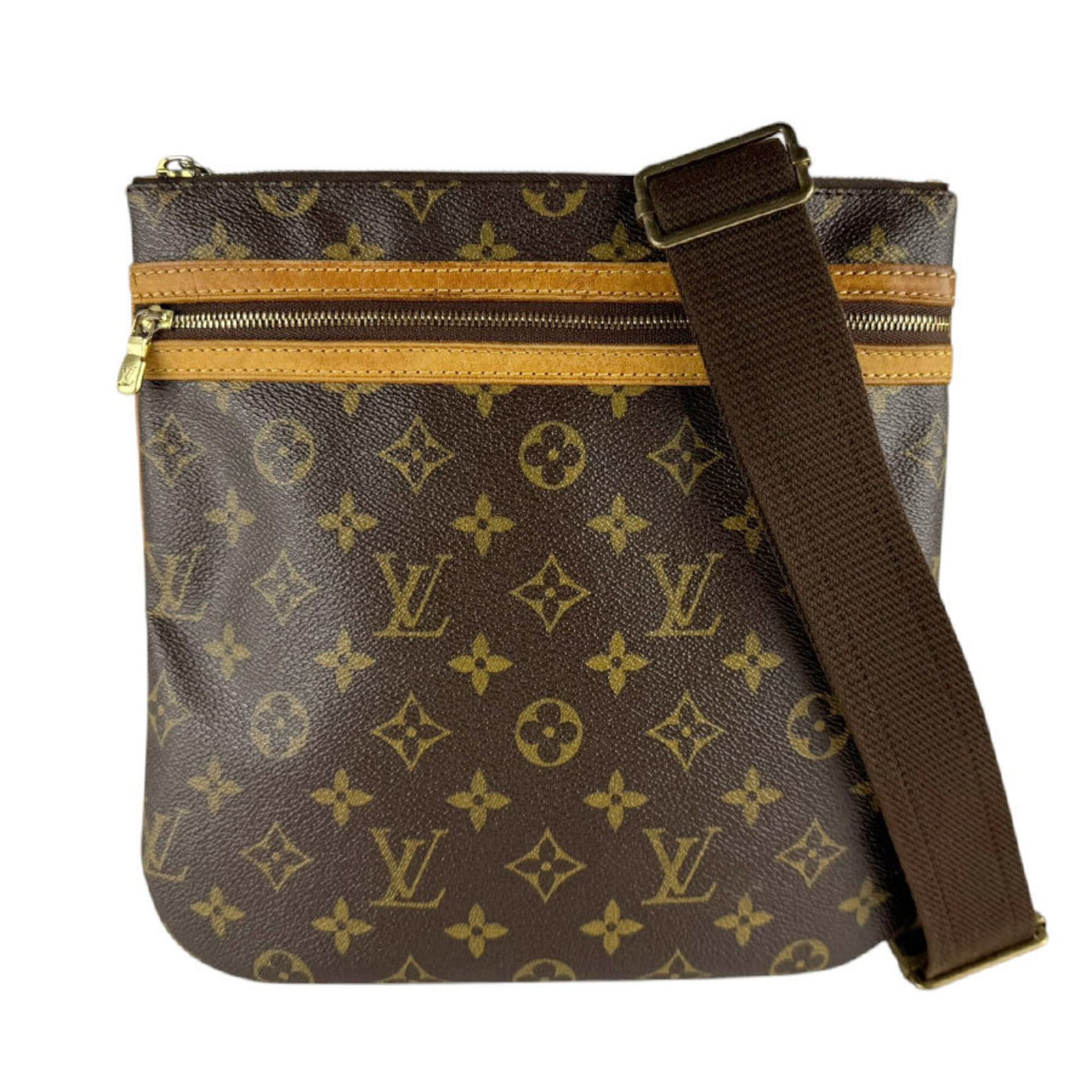Louis Vuitton Monogram Pochette Shoulder Bag: Louis Vuitton Monogram Pochette Shoulder Bag The Louis Vuitton Monogram Pochette Shoulder Bag boasts the iconic monogram pattern in rich brown, adding a touch of timeless elegance to any outfit. With