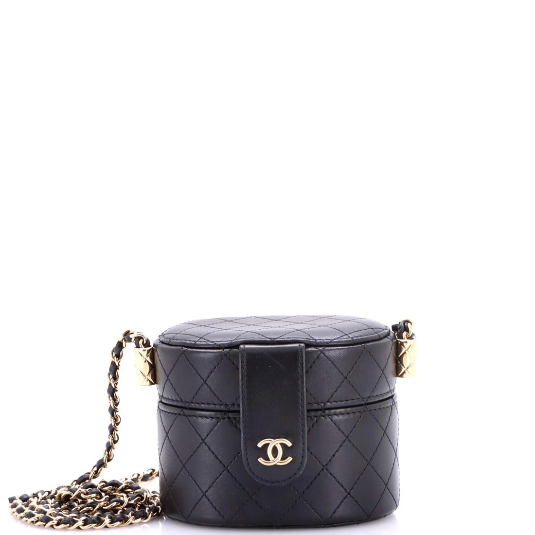 Chanel CC Allure Vanity Case with Chain Quilted Lambskin Mini: Chanel CC Allure Vanity Case with Chain Quilted Lambskin Mini Black leather CC Allure Vanity Case with Chain Quilted Lambskin Mini from Chanel, featuring a mini size and gold tone hardware. The exteri