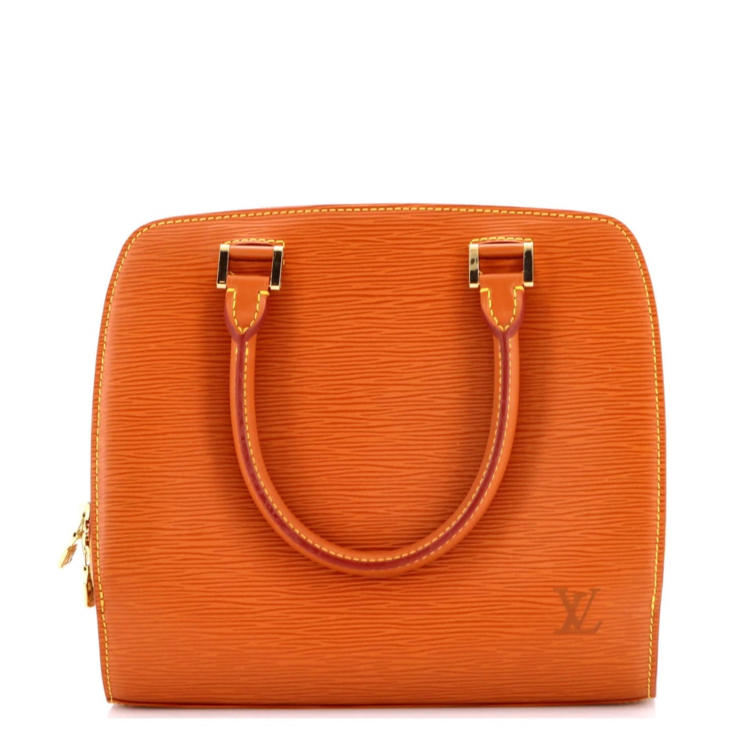 Louis Vuitton Pont Neuf Handbag Epi Leather PM: Louis Vuitton Pont Neuf Handbag Epi Leather PM Brown Louis Vuitton Pont Neuf Handbag Epi Leather PM features scuffed exterior, minor edge wear, and slight discoloration. The interior boasts