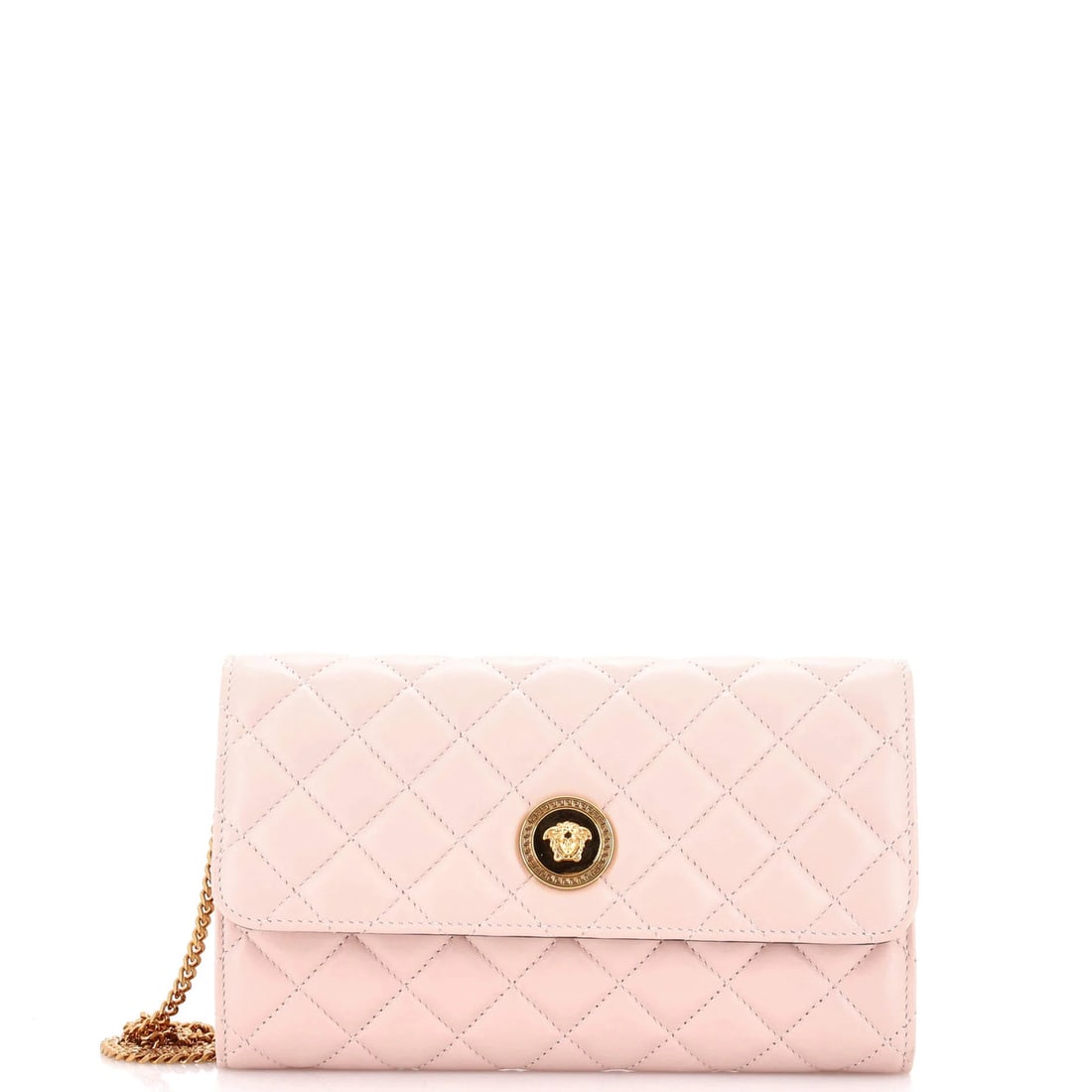 Icon quilted leather wallet chain: Icon quilted leather wallet chain The Icon quilted leather wallet chain boasts a striking pink exterior, adding a pop of color to any outfit. Crafted from high-quality leather and adorned with gold