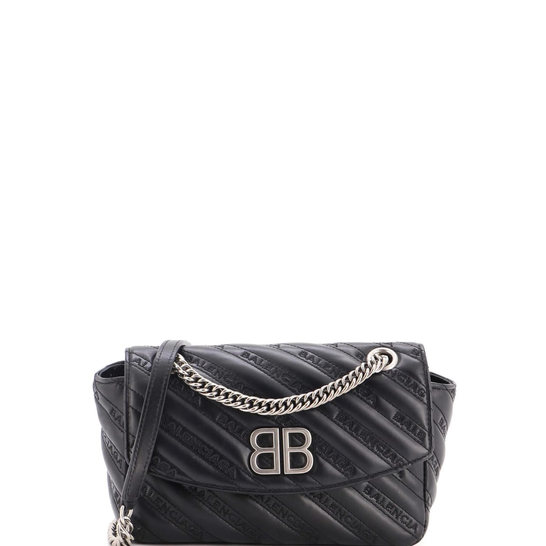 Balenciaga BB Chain Round Shoulder Bag Embossed Leather Small: Balenciaga BB Chain Round Shoulder Bag Embossed Leather Small Small Balenciaga BB Chain Round Shoulder Bag in black embossed leather features a classic cross-body design with minor corner wear,
