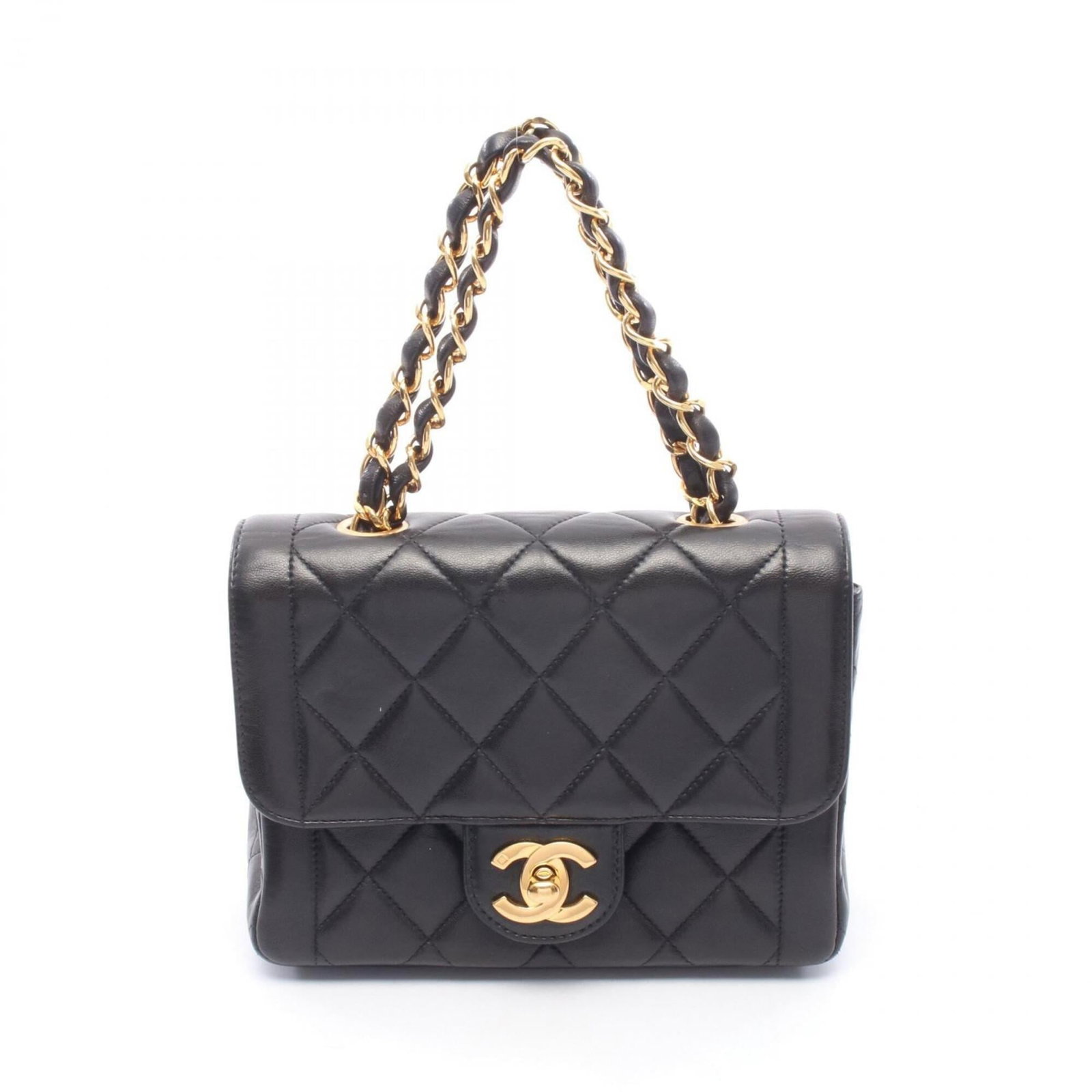 Leather Handbag Chanel: Leather Handbag Chanel The Matelasse Leather Handbag from Chanel boasts sleek, sophisticated design with its classic black lambskin exterior and gold hardware accents. Measuring 13cm x 17cm x 6cm,