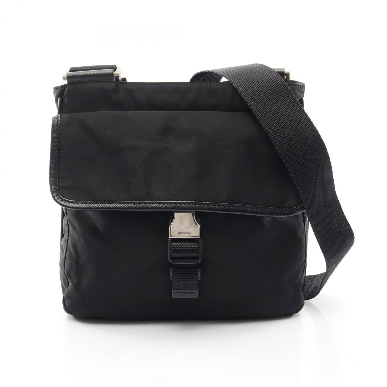 Nylon leather shoulder handbag by Prada: Nylon leather shoulder handbag by Prada Saffiano leather construction and durable nylon exterior make this Prada shoulder handbag a stylish and long-lasting accessory. The sleek black design features