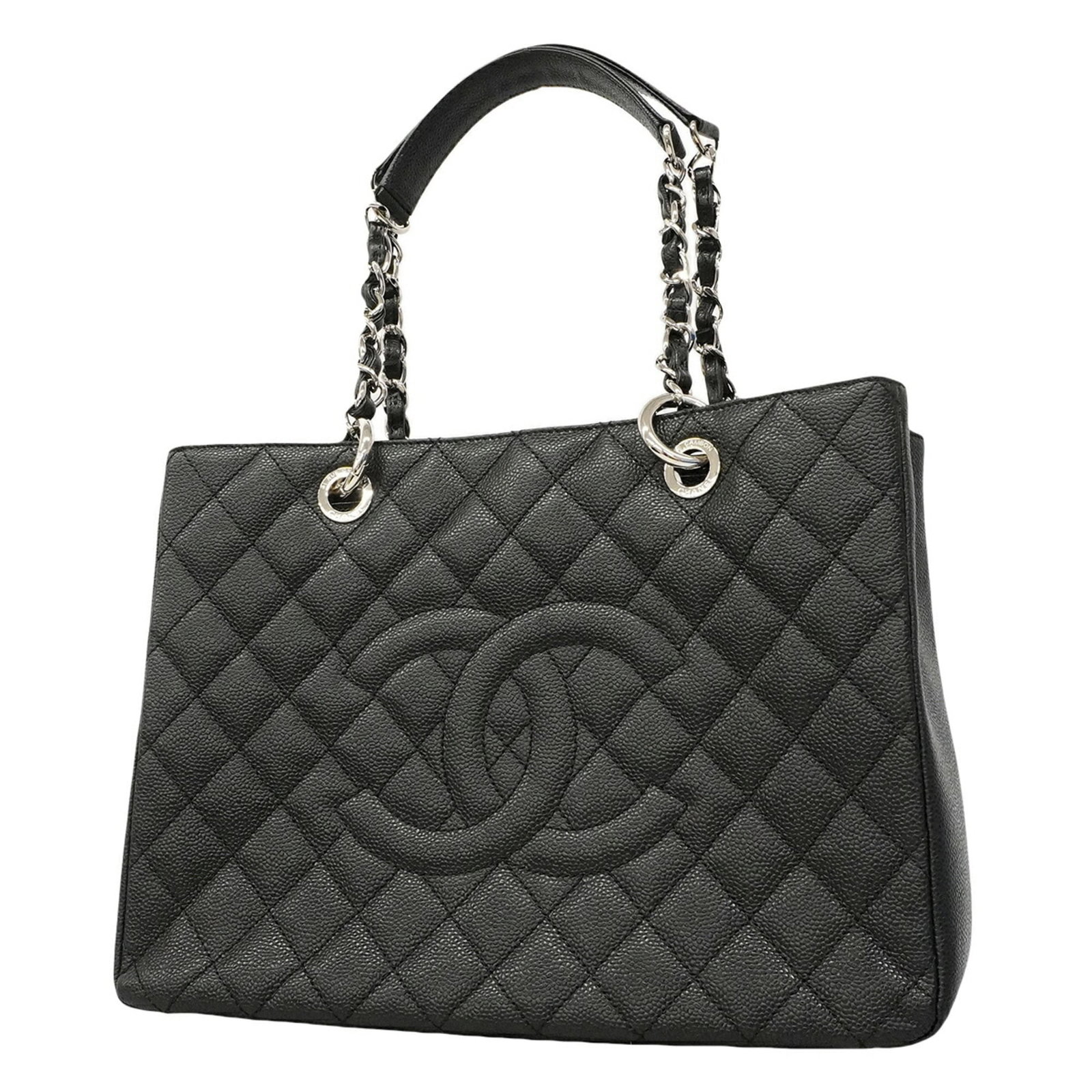 Calfskin bag tote by Chanel: Calfskin bag tote by Chanel Calfskin bag tote by Chanel in black features grained material and silver hardware. The structured design measures 25cm x 33cm x 13cm, making it a compact yet stylish