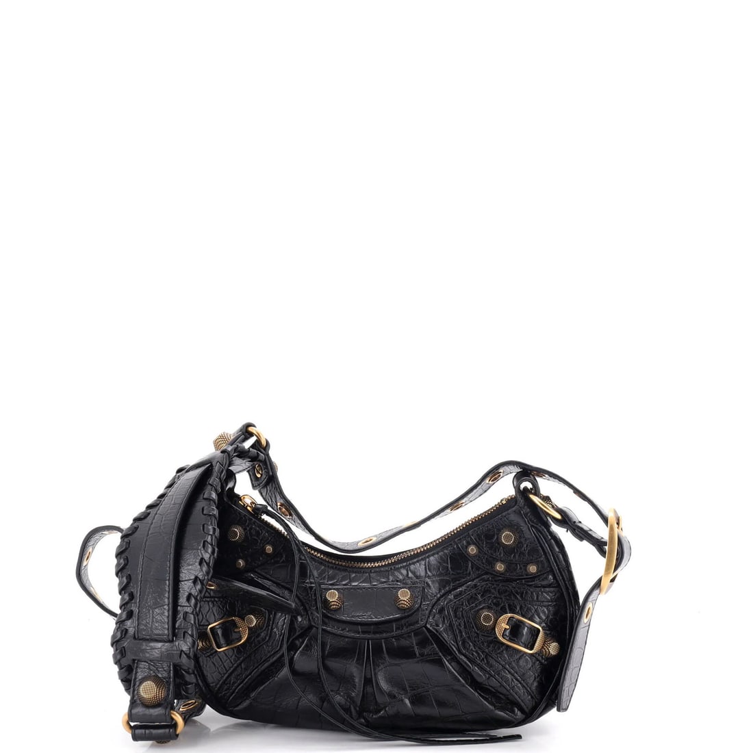 Balenciaga Le Cagole Giant Studs Shoulder Bag Crocodile Embossed Leather XS: Balenciaga Le Cagole Giant Studs Shoulder Bag Crocodile Embossed Leather XS Black Balenciaga Le Cagole Giant Studs Shoulder Bag with crocodile embossed leather exterior, featuring minor creases and ag